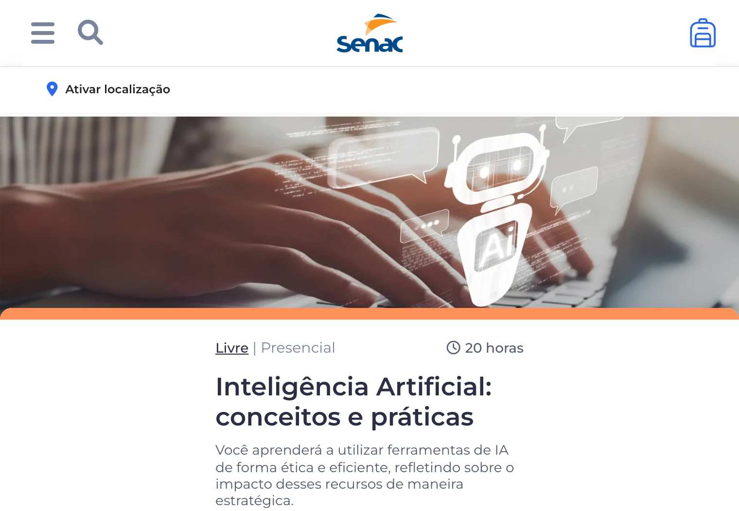 A página do curso Inteligência Artificial: conceitos e práticas no site do Senac São Paulo, com a marca Livre | Presencial, a duração de 20 horas e a descrição do curso