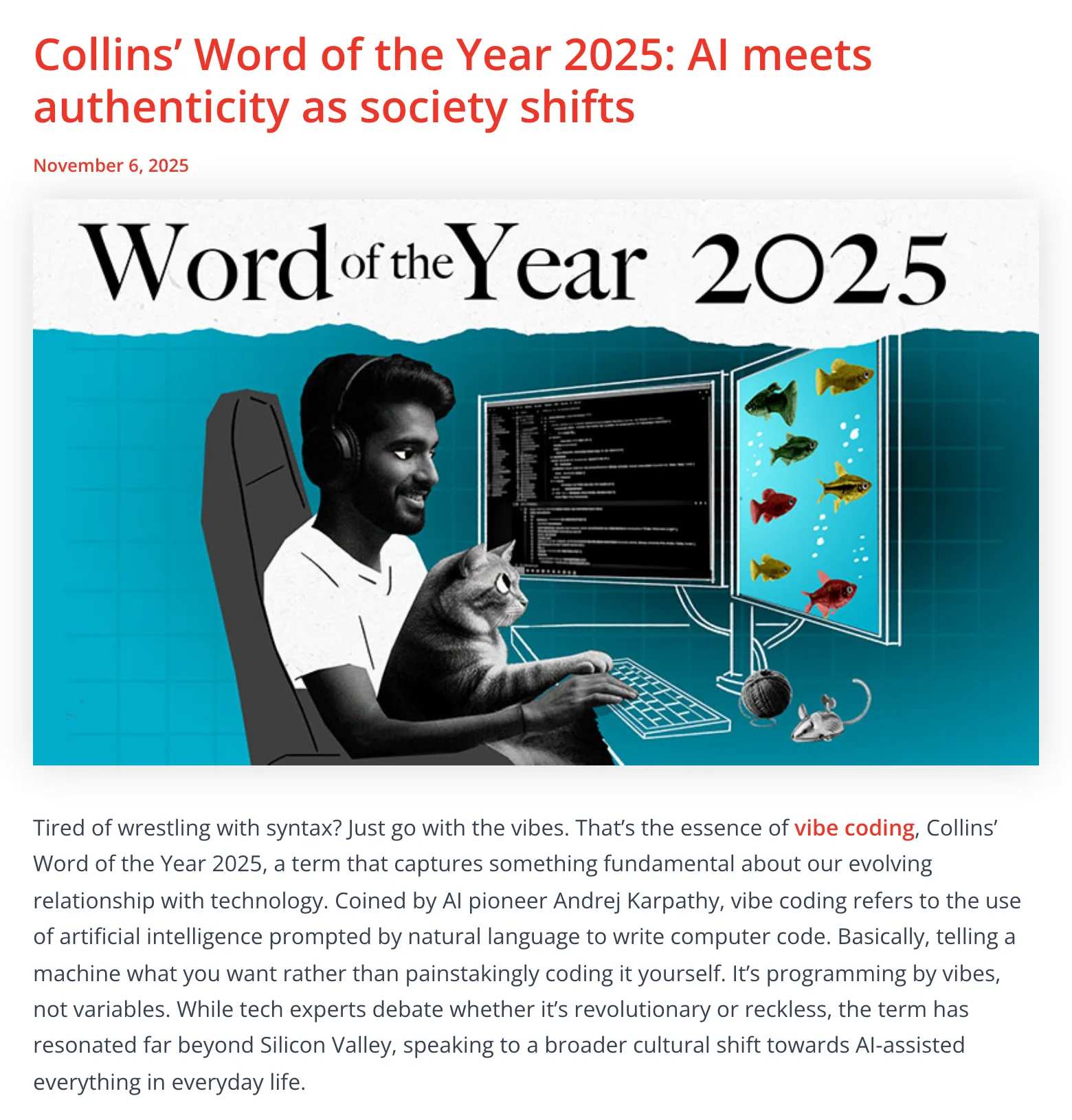 O post do blog do dicionário Collins de 6 de novembro de 2025, com o título “Collins’ Word of the Year 2025”, a arte da palavra do ano e o parágrafo que define vibe coding e cita o Andrej Karpathy