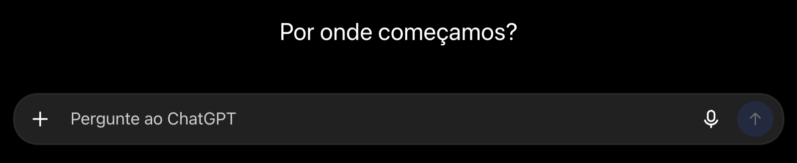 A página inicial do chatgpt.com sem login, em português: a pergunta “Por onde começamos?” e, embaixo, a caixa “Pergunte ao ChatGPT” com o microfone.