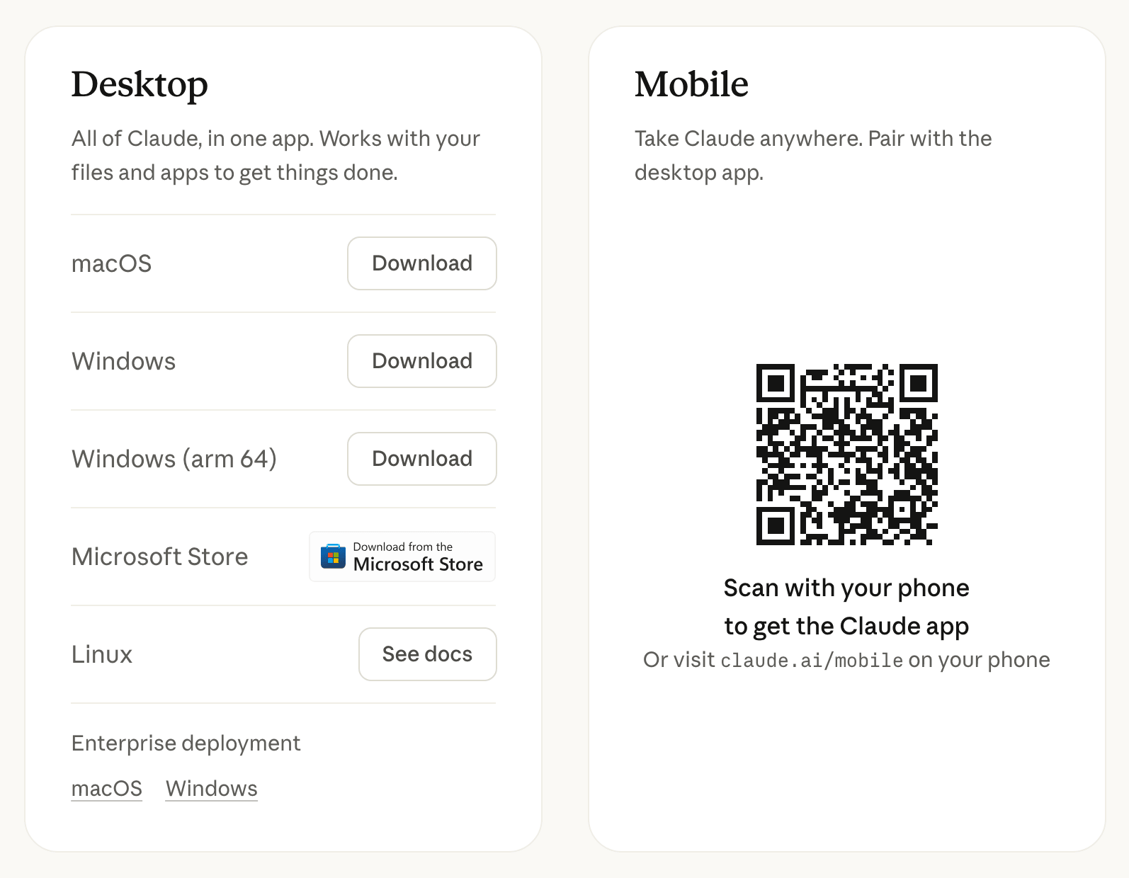Página de download do Claude com dois quadros: Desktop, com os botões de baixar pra macOS, Windows e Windows (arm 64), a Microsoft Store e o Linux; e Mobile, com o QR code pra pegar o app no celular ou o endereço claude.ai/mobile