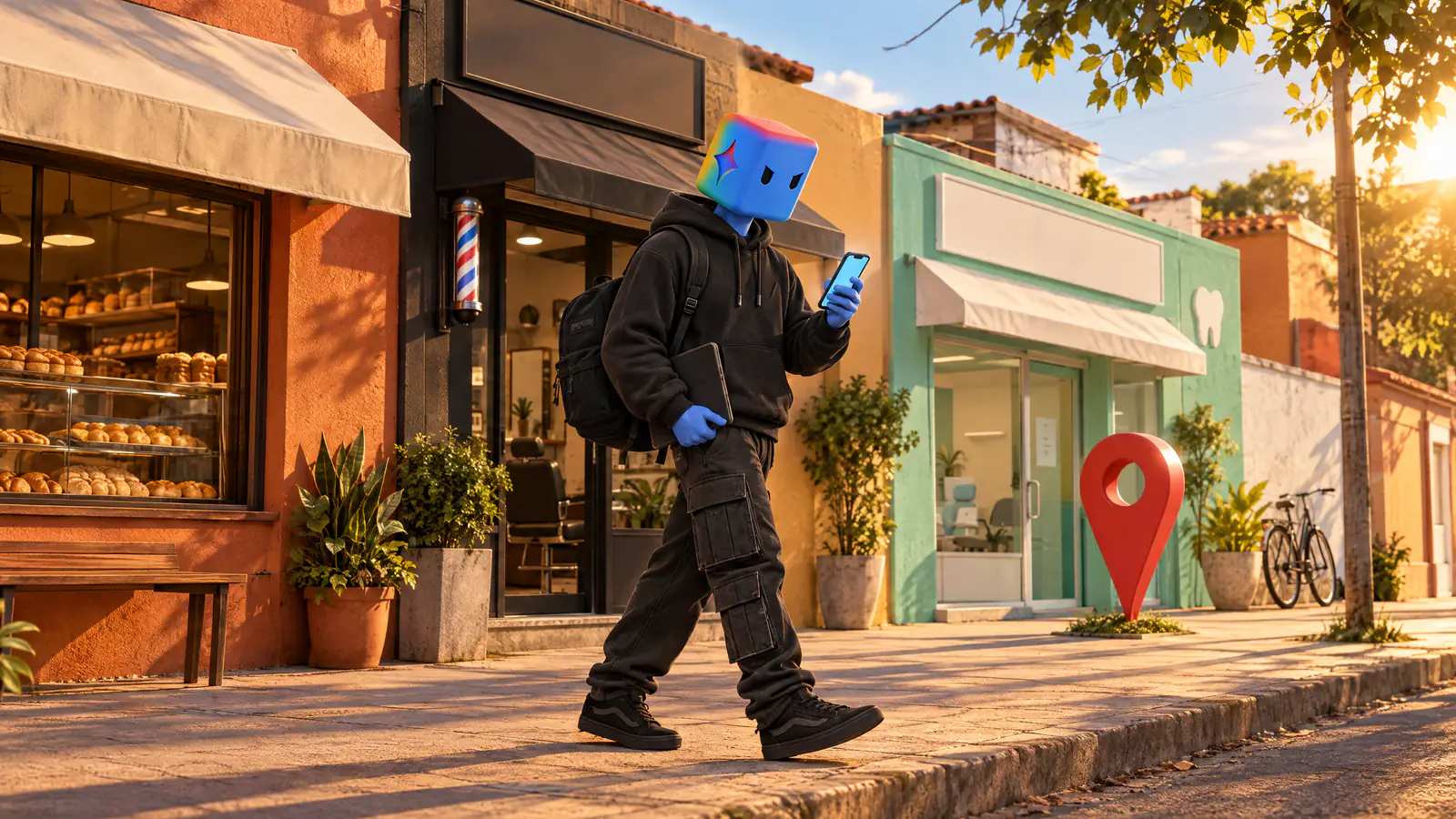 O personagem do Gemini desce a calçada do bairro com o tablet debaixo do braço, rumo a uma clínica marcada por um alfinete vermelho de mapa.