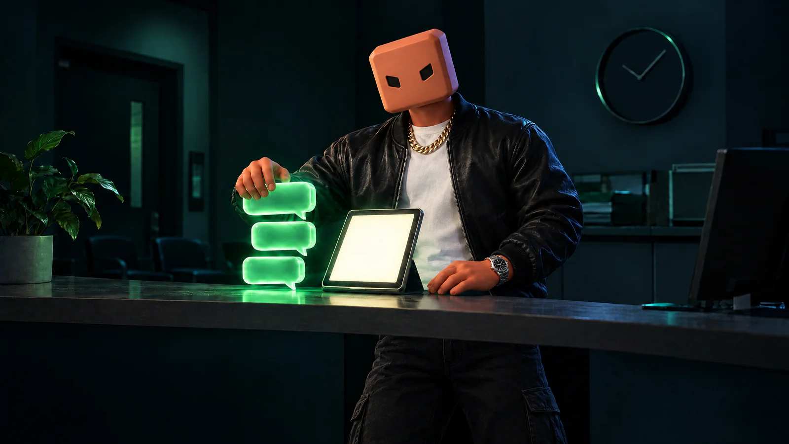 No balcão da clínica, ao lado de um tablet aceso, o Claudinho de jaqueta de couro coloca uma escultura de balões verdes de vidro.