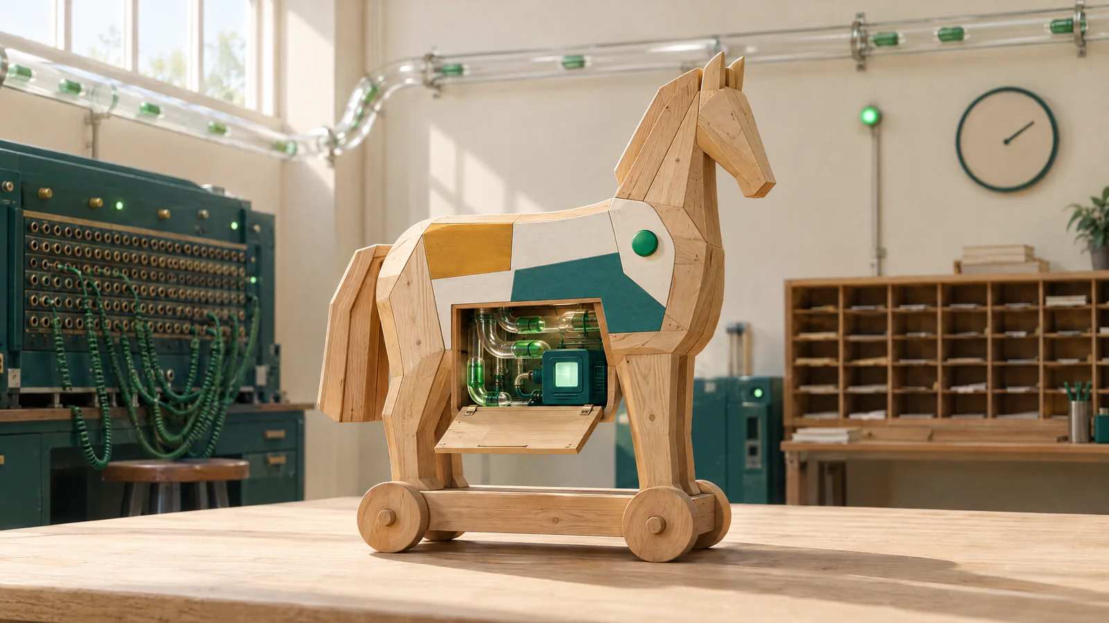 Um cavalo de Troia de madeira no balcão: por fora, um site de papel com um botão verde; pela portinhola aberta, a automação escondida dentro.