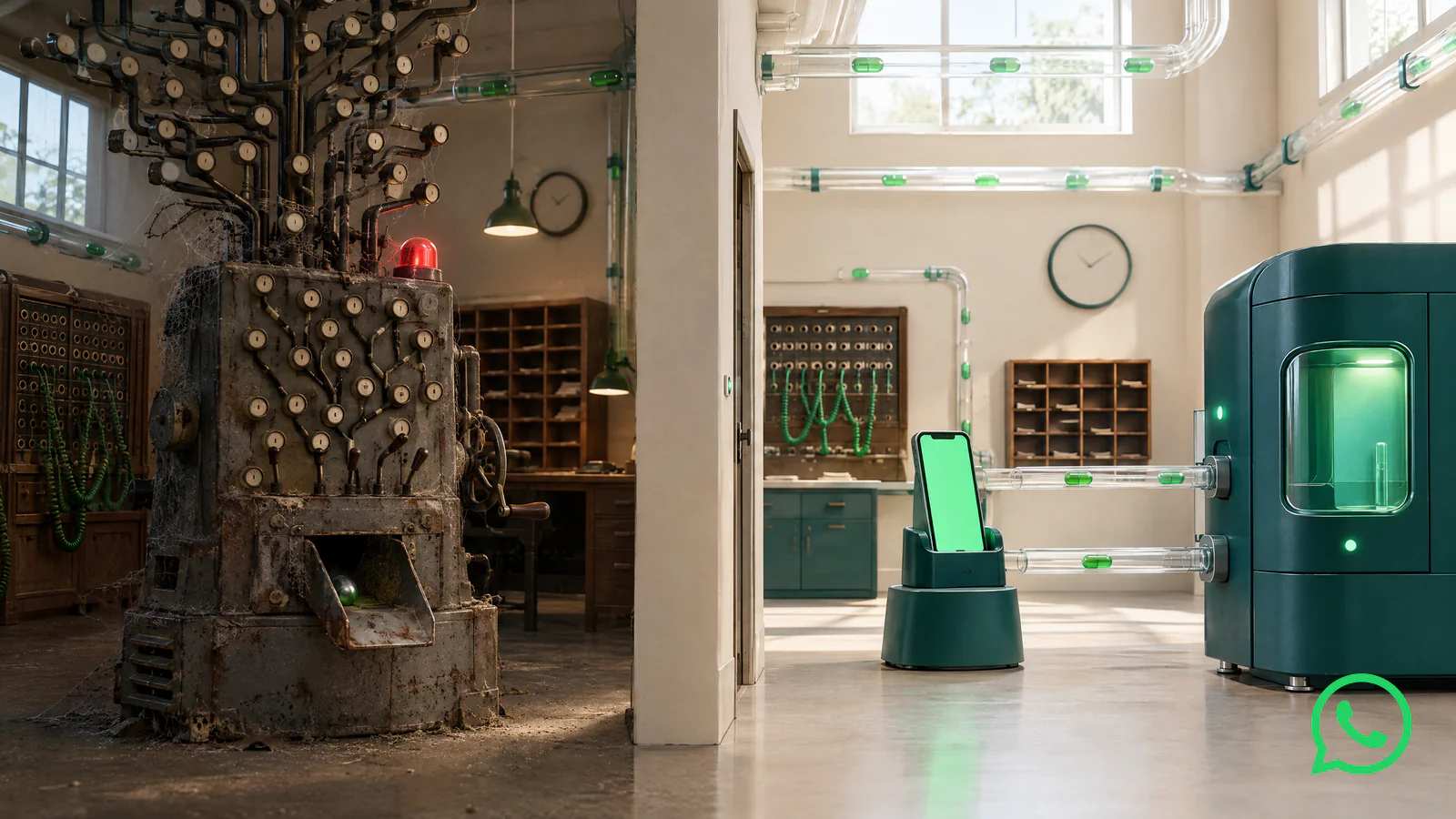 À esquerda, uma máquina enferrujada de botões em árvore e luz vermelha; à direita, o celular manda a mensagem direto pra máquina que responde na hora.