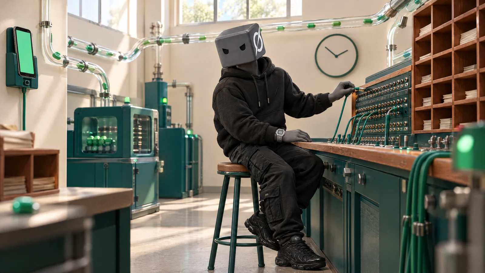 O personagem do Grok liga cabos verdes numa mesa telefônica antiga, enquanto tubos de vidro levam as mensagens do celular até os escaninhos.