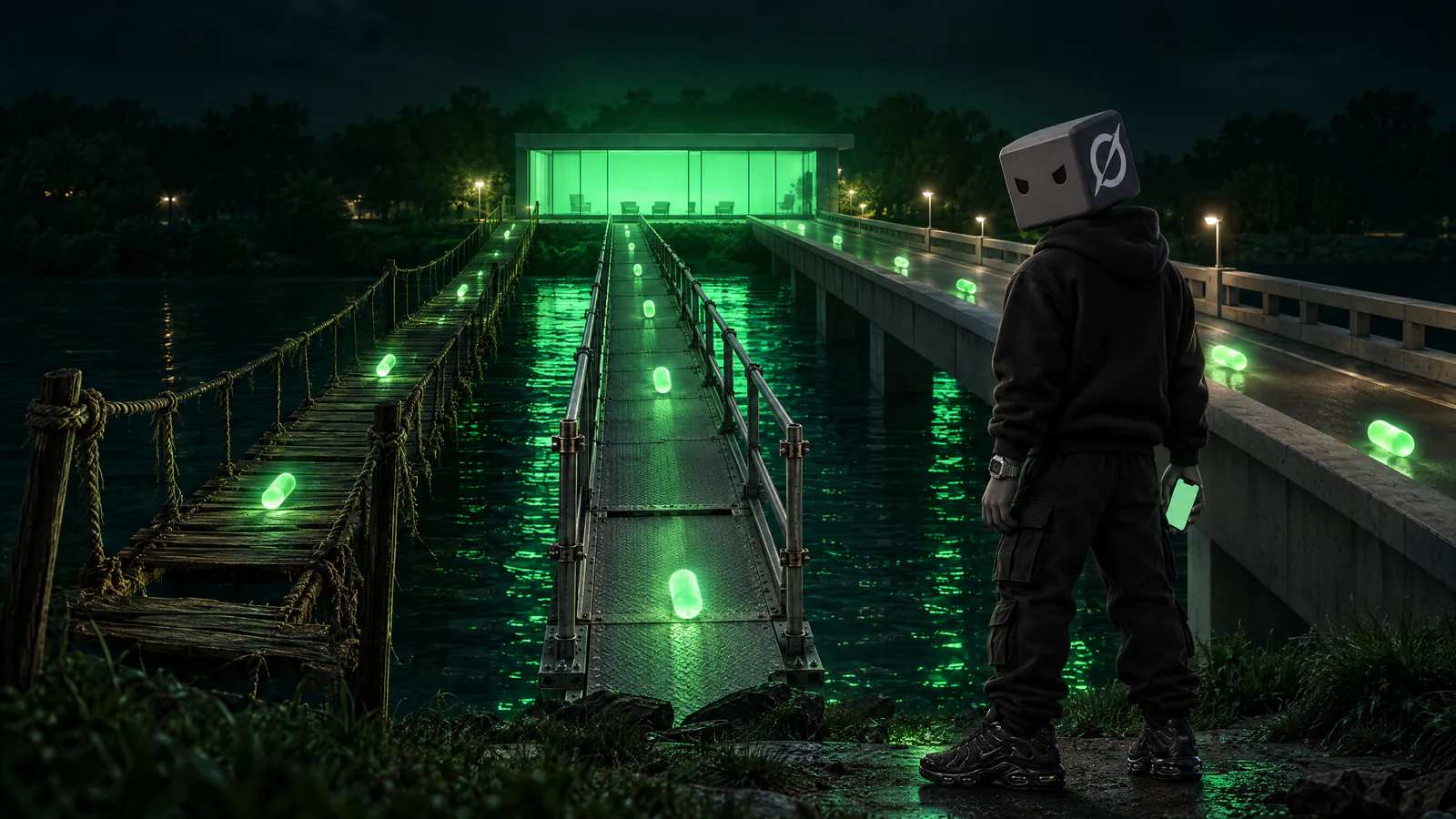 À noite, três pontes levam à mesma recepção acesa de verde: uma de corda, uma de metal aparafusada e uma de concreto; o personagem do Grok olha.