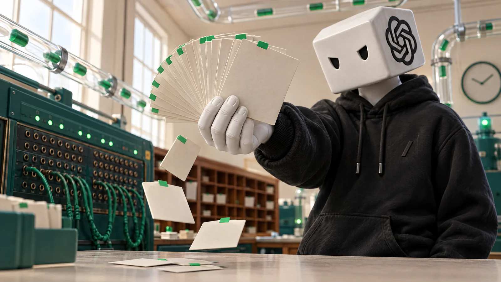 O personagem do ChatGPT segura um leque de fichas creme de aba verde que já não cabe na mão; algumas caem no balcão da sala de máquinas.