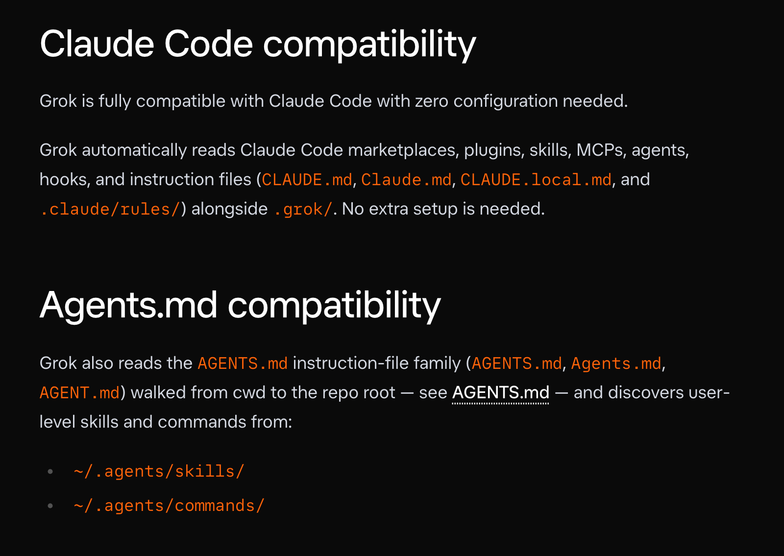 Trecho da documentação do Grok Build, “Claude Code compatibility”: o Grok é compatível com o Claude Code sem configurar nada e lê os marketplaces, plugins, skills, MCPs, agentes, hooks e os arquivos CLAUDE.md e .claude/rules/; embaixo, “Agents.md compatibility”: ele também lê o AGENTS.md