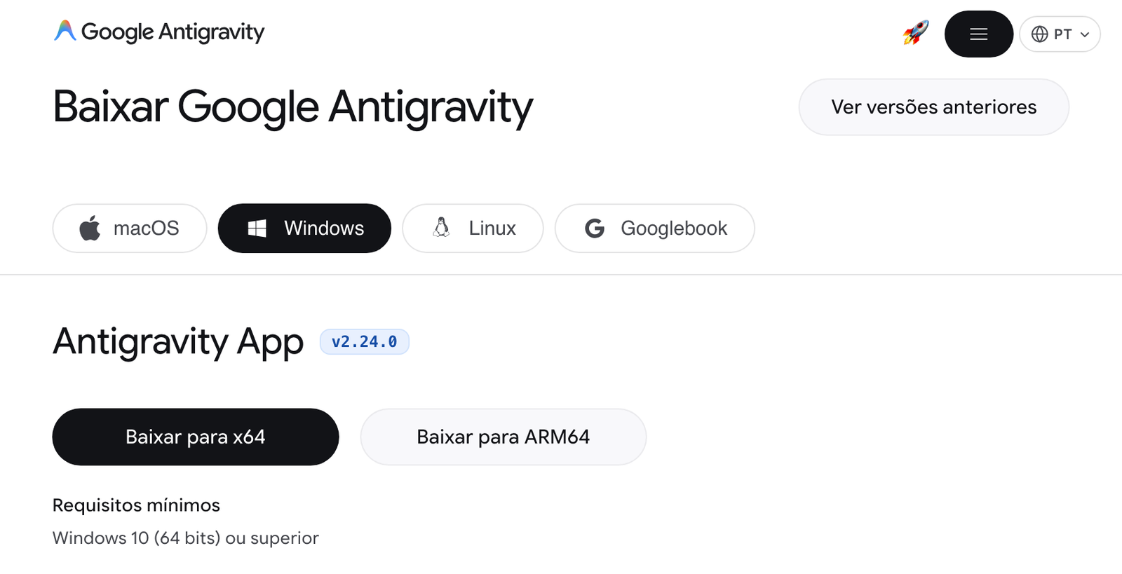 A página Baixar Google Antigravity, em português, com as abas macOS, Windows, Linux e Googlebook; a aba Windows marcada, o Antigravity App na versão 2.24.0, os botões Baixar para x64 e Baixar para ARM64 e o requisito mínimo, Windows 10 (64 bits) ou superior