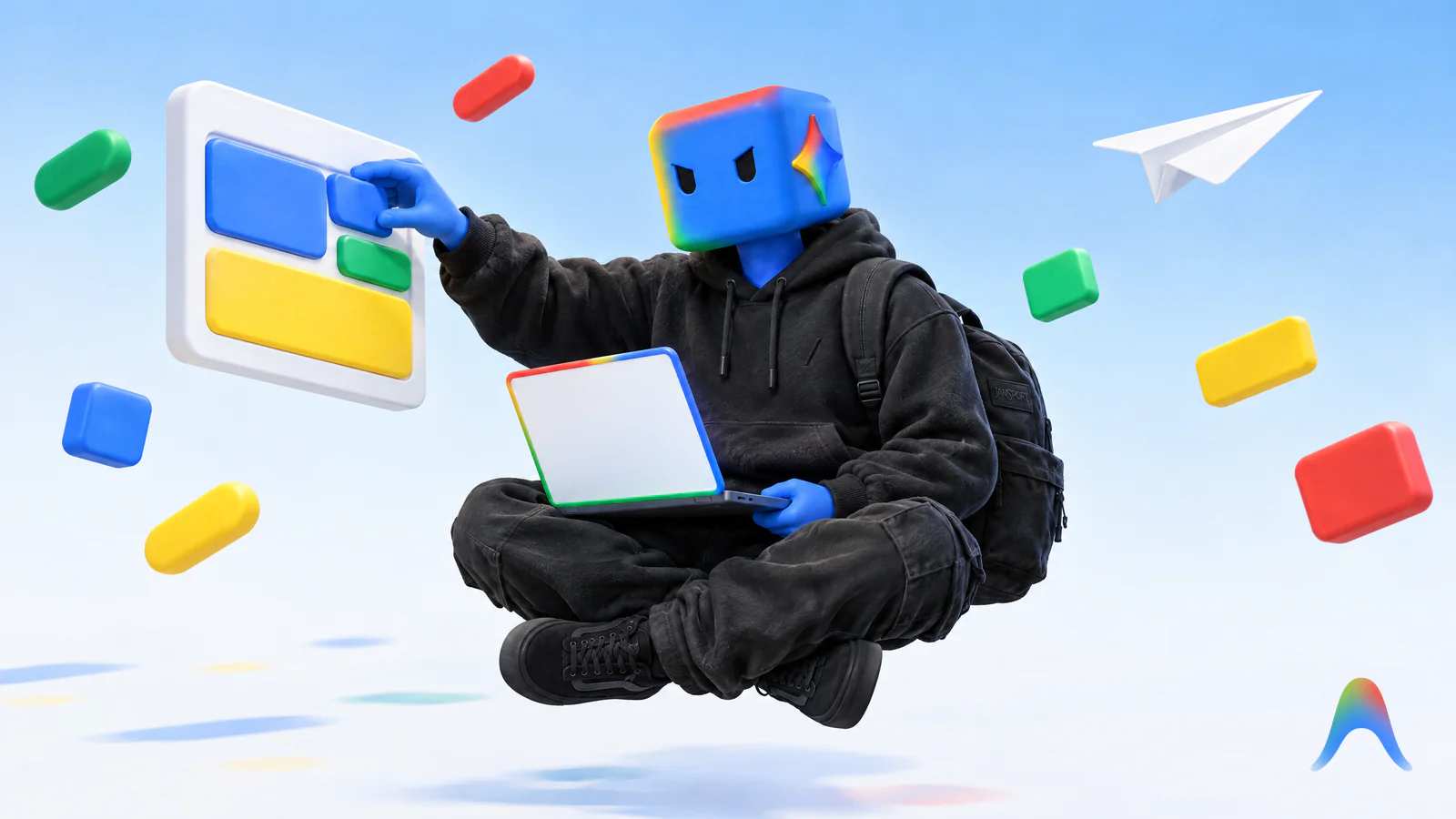 O personagem do Antigravity, de cabeça em cubo azul com bordas nas cores do Google e a estrela do Gemini na lateral, flutua e monta um site no ar.
