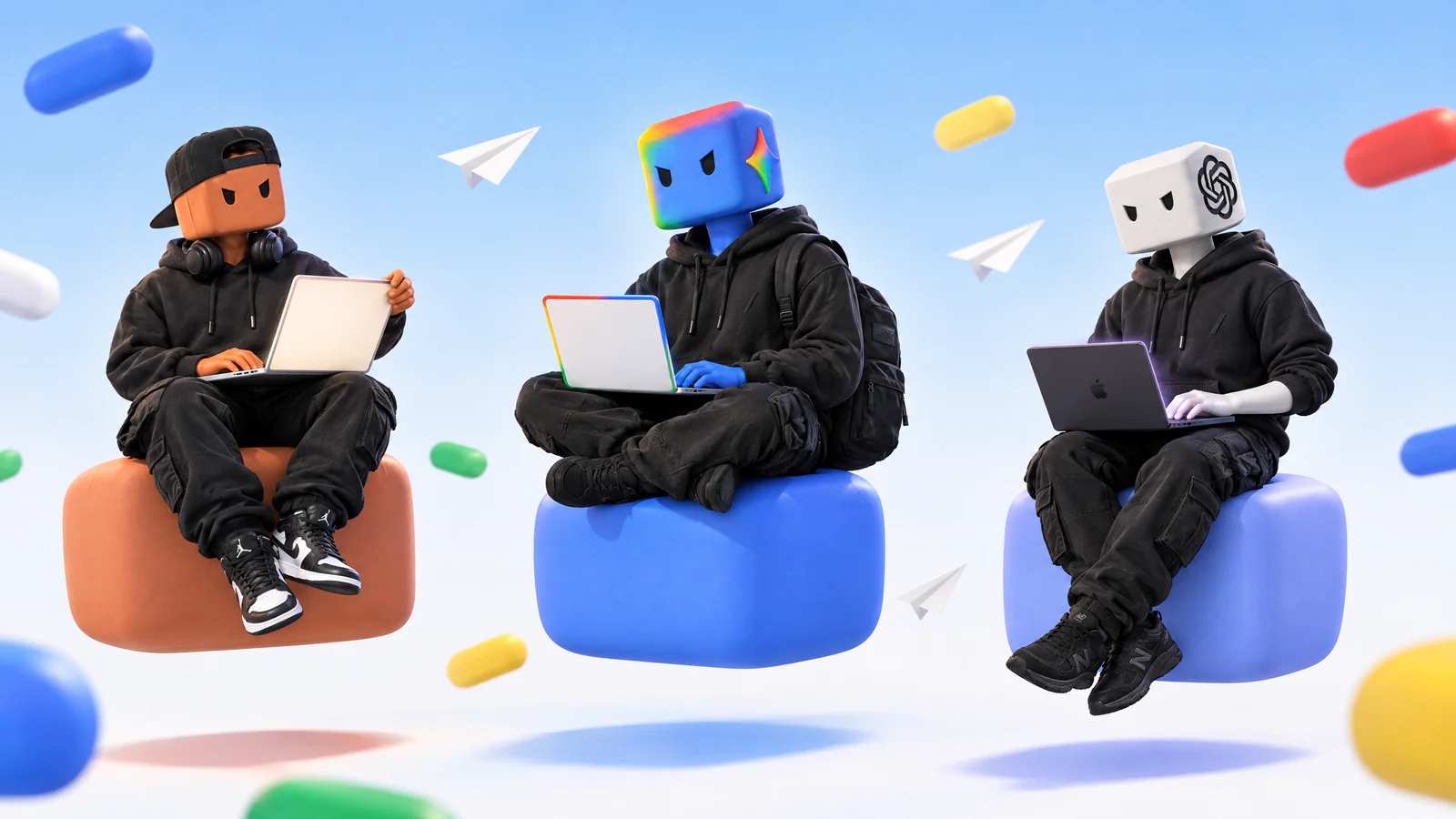 No céu claro do Antigravity, os personagens do Antigravity, do Claude Code e do Codex flutuam lado a lado, cada um sentado no seu bloco colorido.