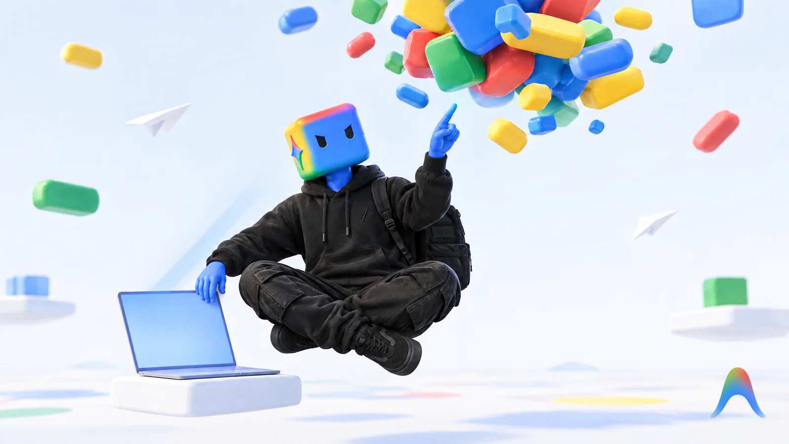 No céu do Antigravity, um notebook simples recebe um feixe de luz da nuvem de blocos coloridos soltos lá em cima, onde o trabalho pesado acontece.