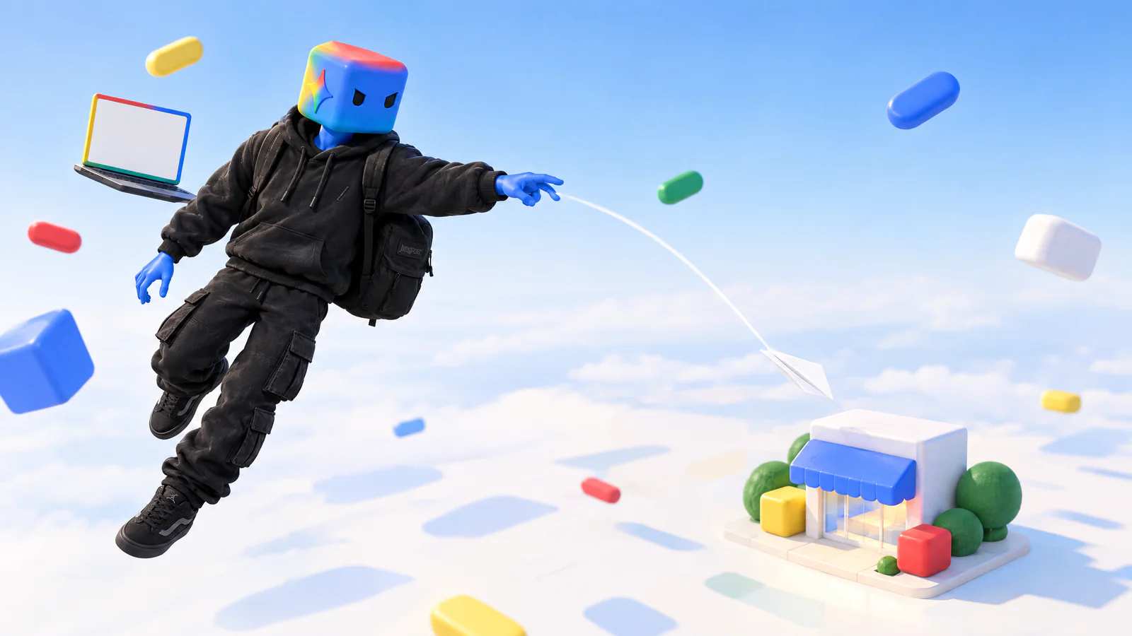 O personagem do Antigravity flutua no céu claro e lança um avião de papel na direção de uma lojinha de blocos com toldo azul.
