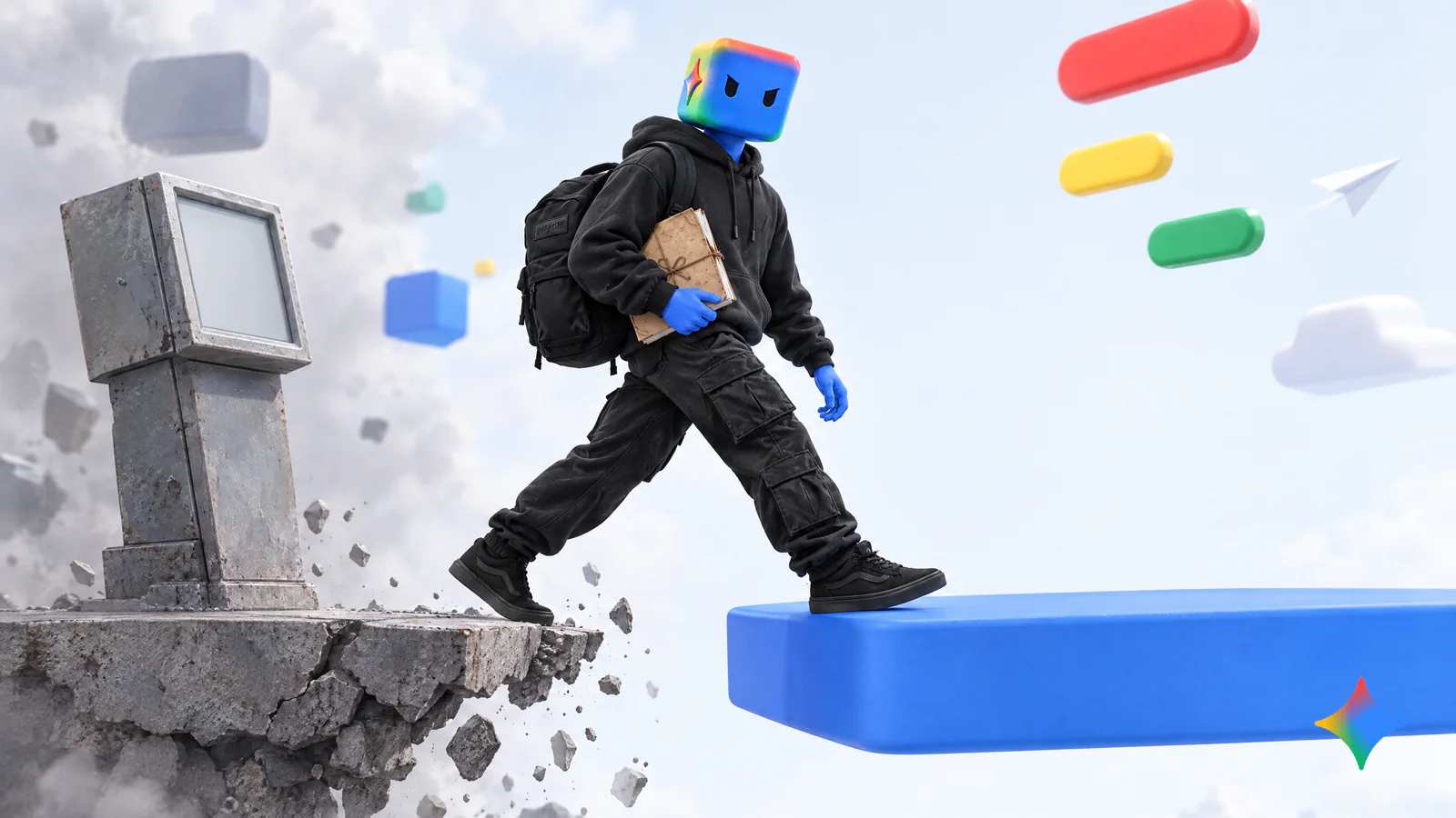 O personagem do Gemini sai de uma plataforma cinza que desmorona e pisa num bloco azul firme, com a pasta parda debaixo do braço.