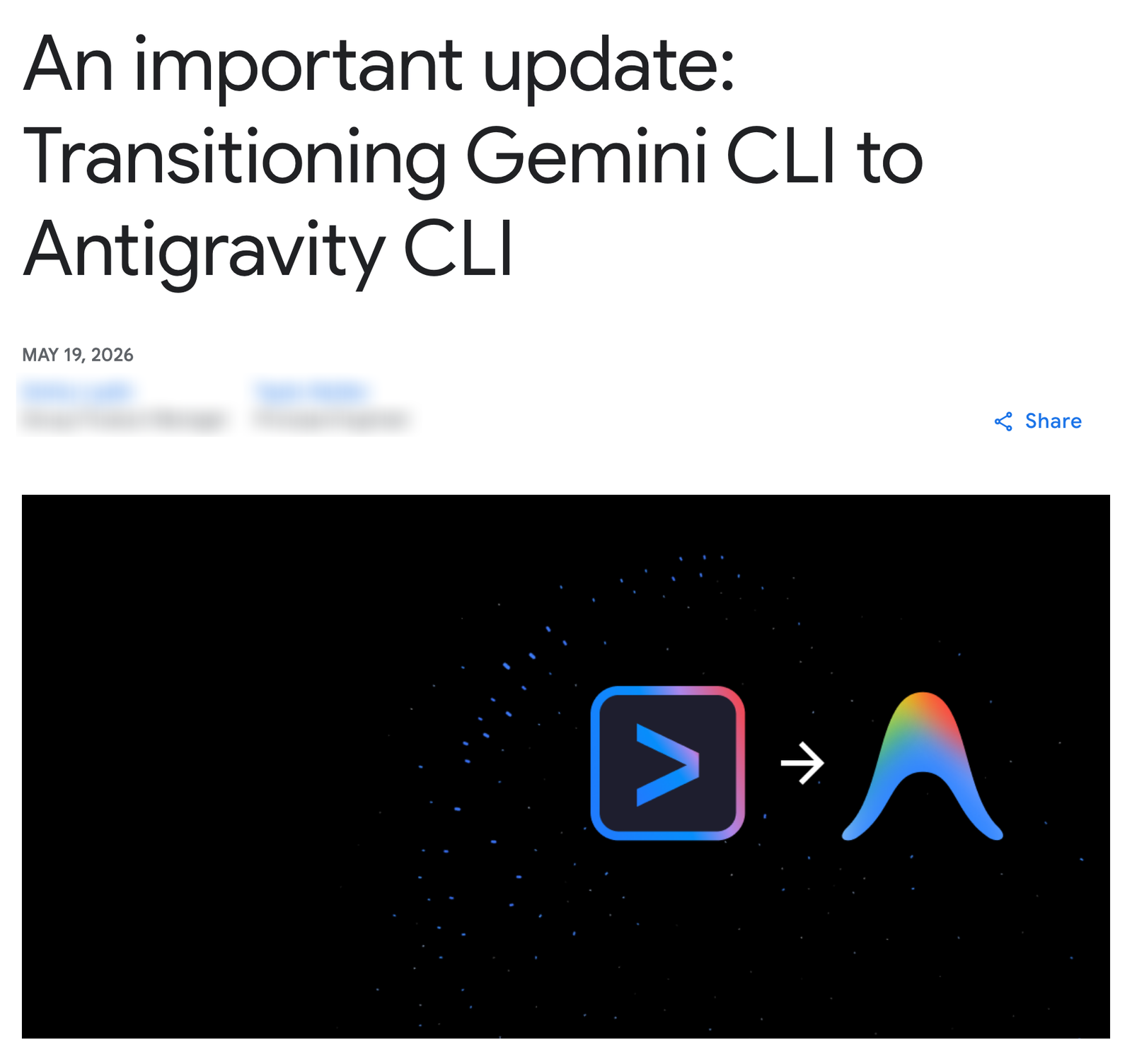 O topo do post An important update: Transitioning Gemini CLI to Antigravity CLI, de 19 de maio de 2026, no blog do Google for Developers, com a imagem do ícone do Gemini CLI, uma seta e o ícone do Antigravity