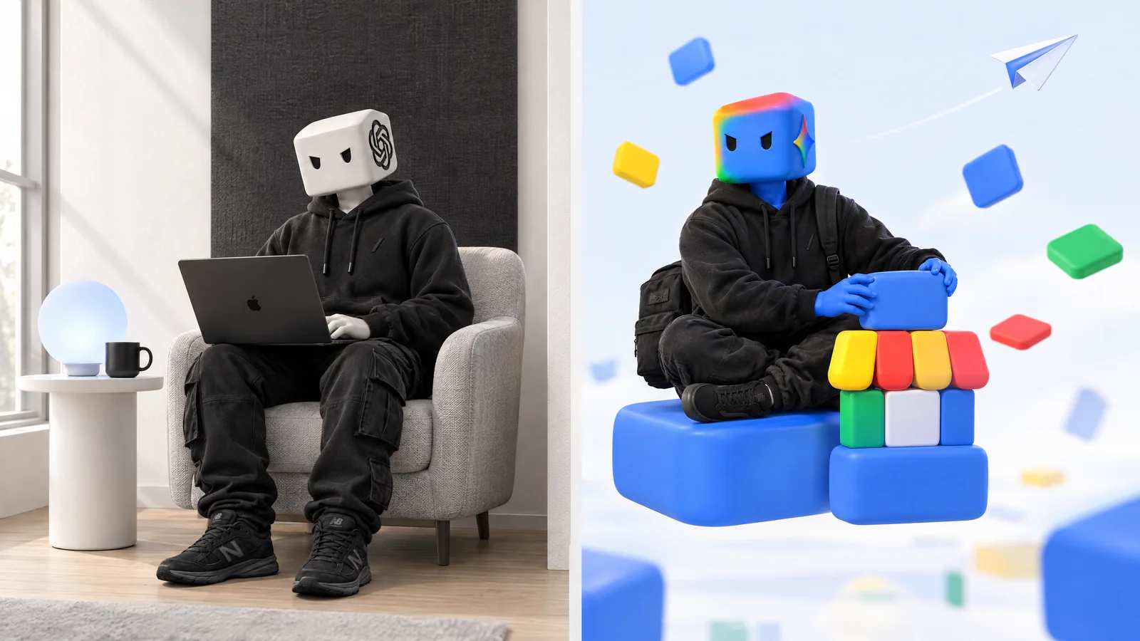 De um lado, o personagem do ChatGPT escreve um rascunho no notebook, na poltrona; do outro, o do Gemini monta uma lojinha de blocos no céu.