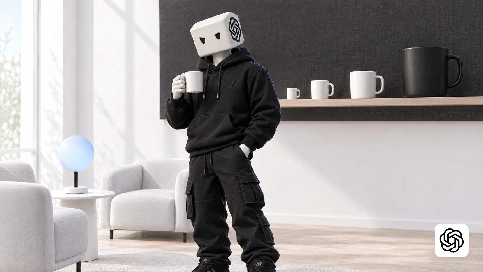 O personagem do ChatGPT toma café numa caneca comum, ao lado de uma prateleira de canecas cada vez maiores que termina numa preta gigante.