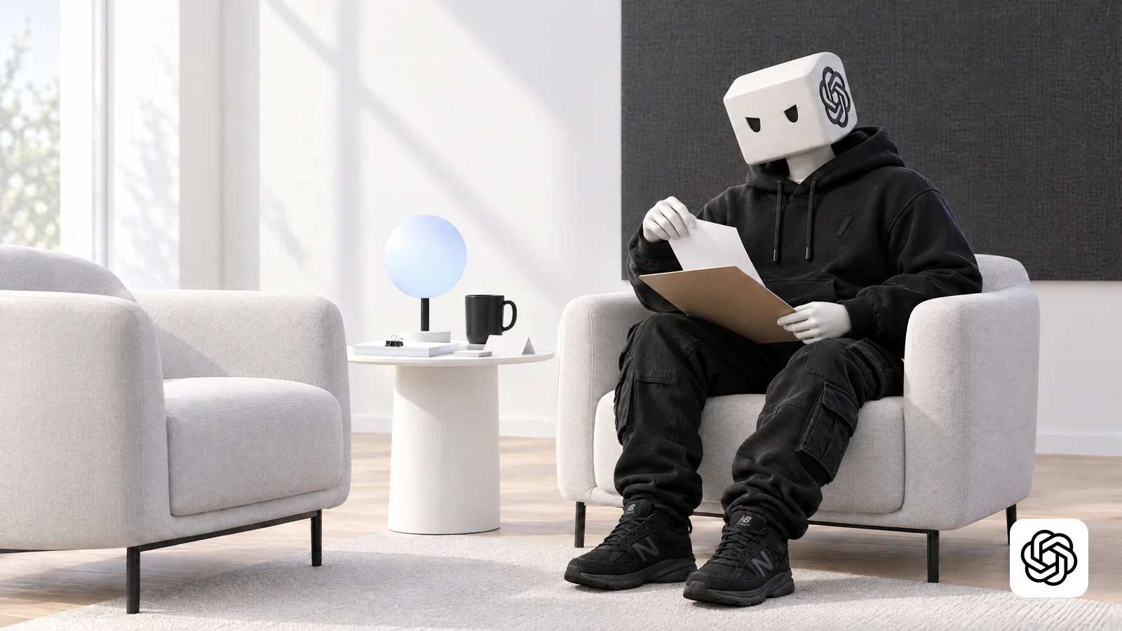 O personagem do ChatGPT no canto da conversa, com a pasta do cliente no colo e a proposta e as notas da reunião prontas na mesinha.