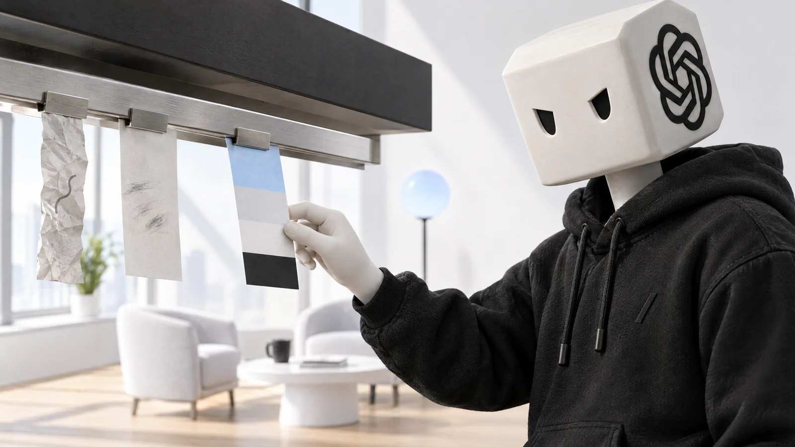 Num trilho de comandas, uma tira amassada, um papel pela metade e a comanda completa em quatro faixas, que o personagem do ChatGPT encaixa.