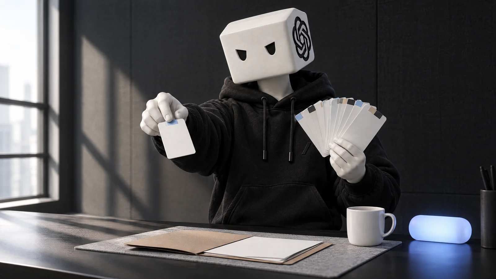 Na bancada escura, o personagem do ChatGPT segura dez fichas em leque, como uma mão de cartas, e estende uma delas pra frente.