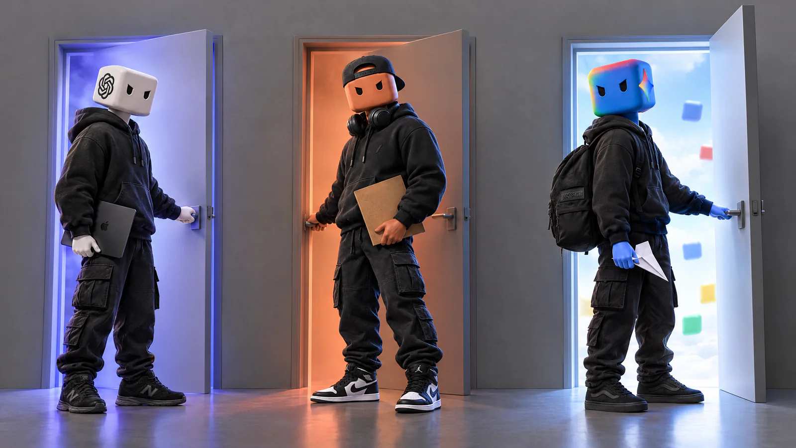 Três portas lado a lado com um personagem em cada: o do ChatGPT, o do Claude e o do Gemini, cuja porta já está aberta pro céu.
