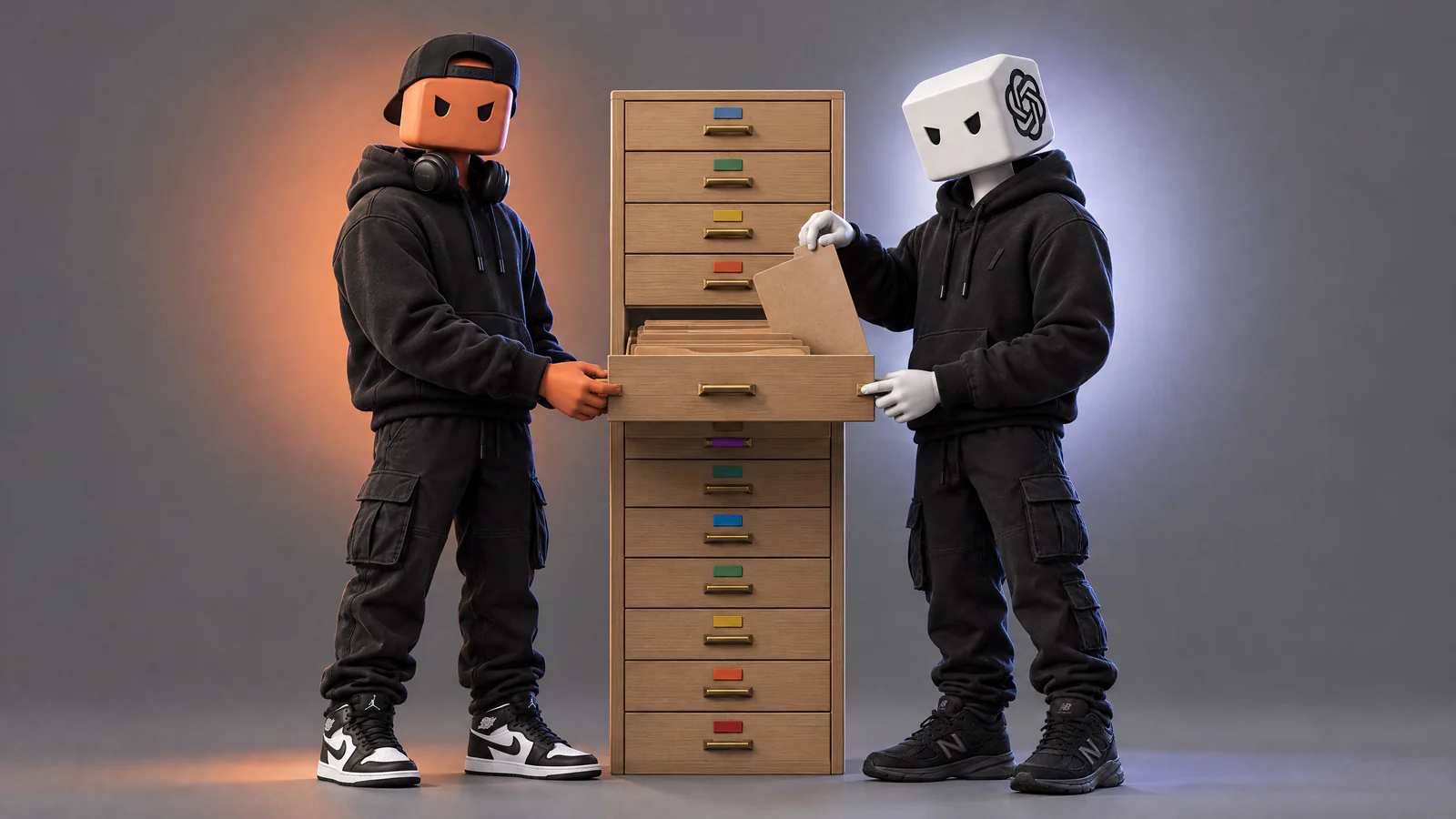 Os personagens do Claude e do ChatGPT puxam juntos a mesma gaveta de um arquivo de clientes, uma pasta por cliente.