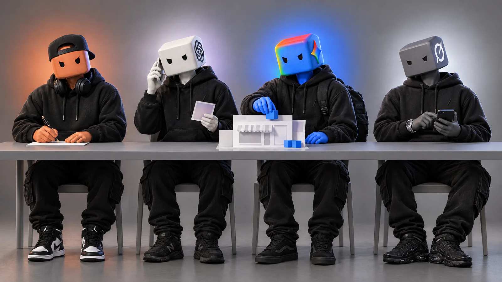 Os personagens do Claude, do ChatGPT, do Gemini e do Grok, sentados numa mesa só, cada um numa tarefa, em volta da maquete do site do cliente.