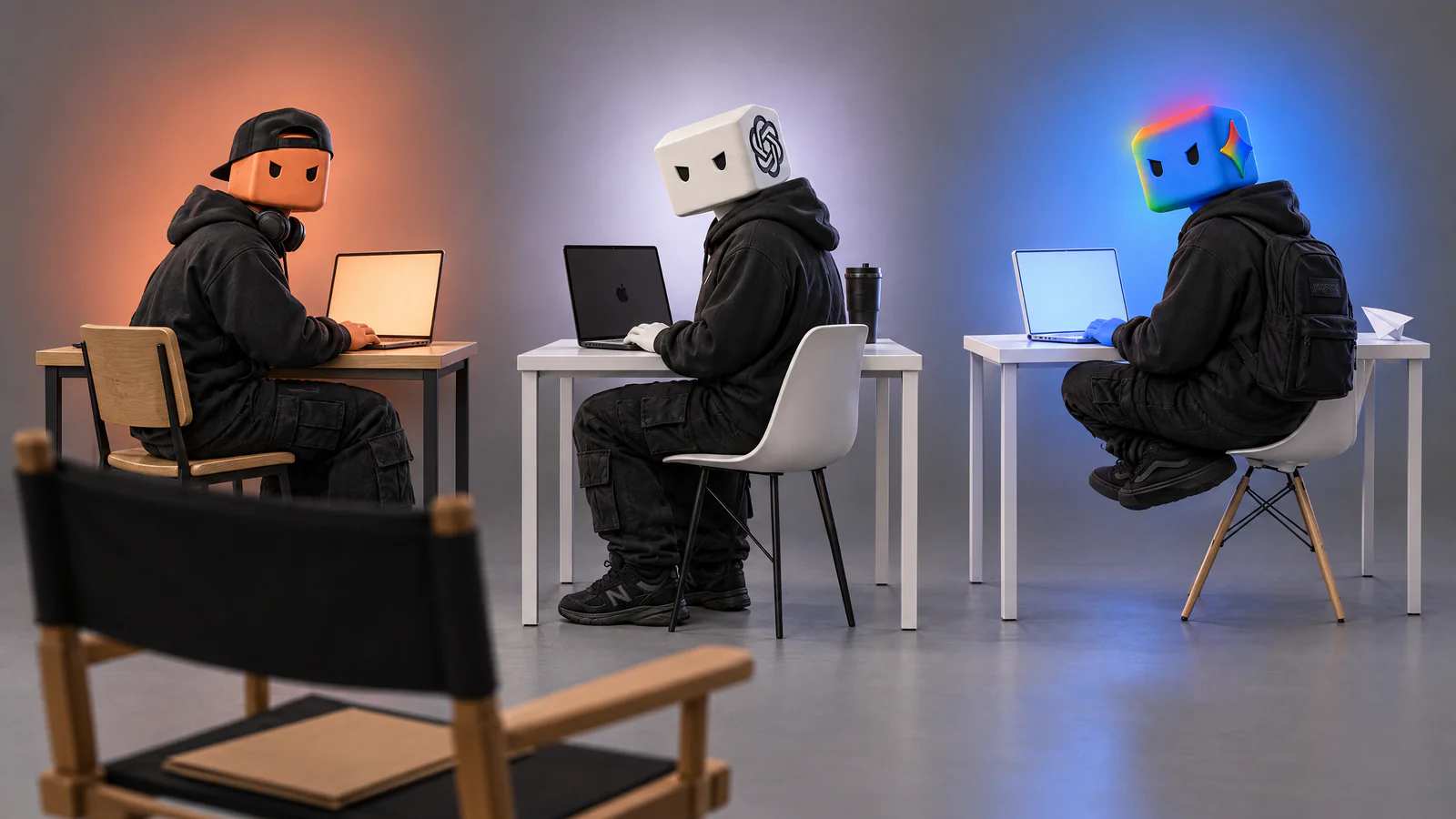 Os personagens do Claude, do ChatGPT e do Gemini, cada um na sua mesa, olham pra uma cadeira de diretor vazia com a pasta do cliente.