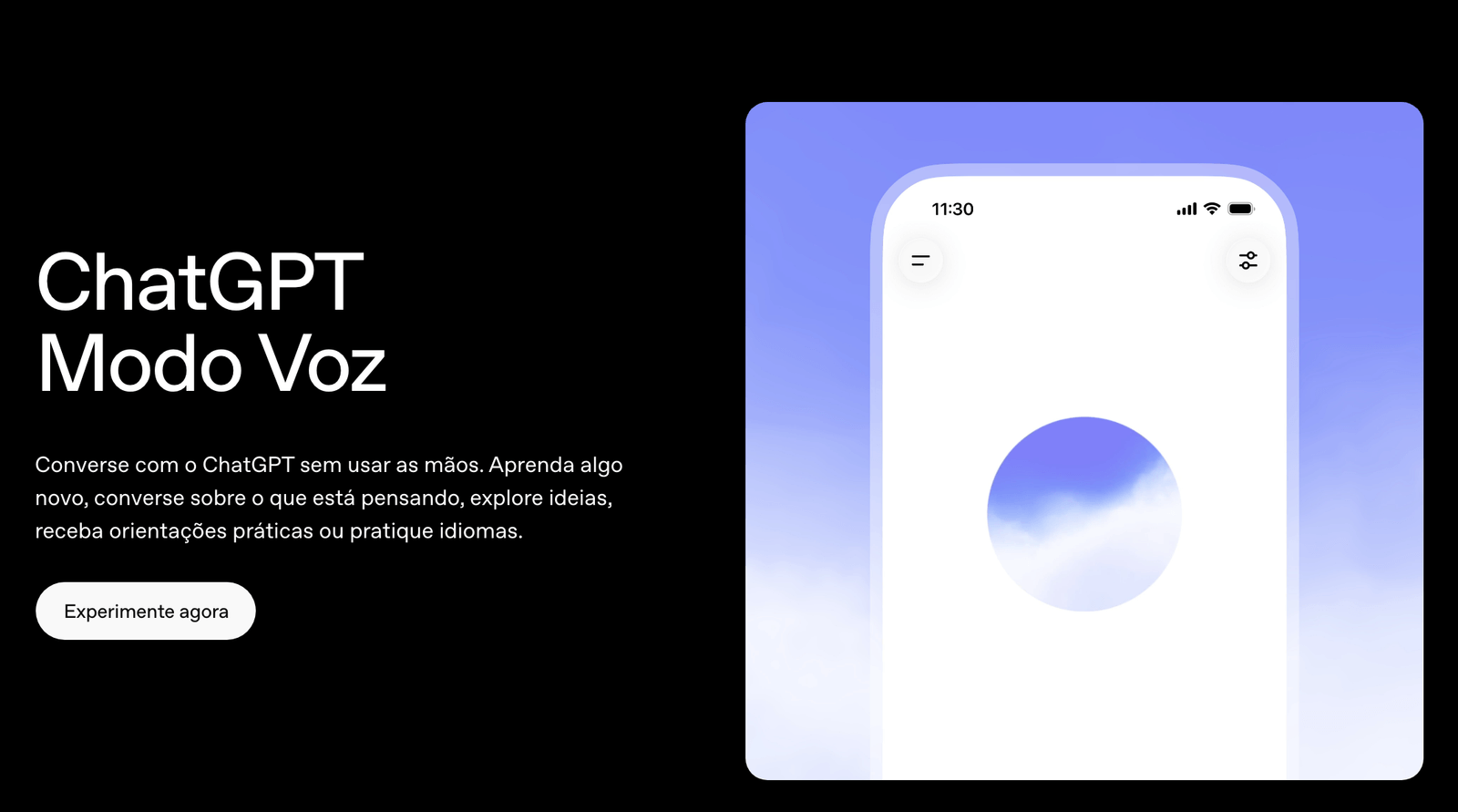 O topo da página do Modo Voz do ChatGPT: o título “ChatGPT Modo Voz”, a frase “Converse com o ChatGPT sem usar as mãos” e, ao lado, um celular com a tela do modo voz e a bolha azul no meio.