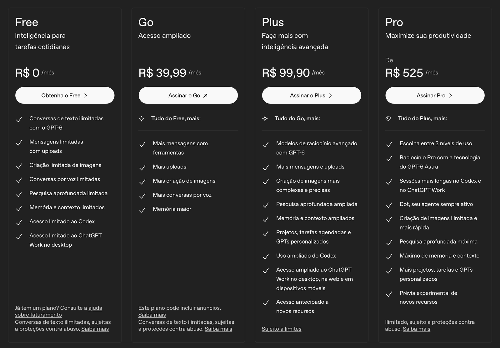 Os quatro cartões da página de preços do ChatGPT no Brasil: Free a R$ 0, Go a R$ 39,99, Plus a R$ 99,90 e Pro a partir de R$ 525 por mês, cada um com a lista do que inclui; no Plus, uso ampliado do Codex; no Pro, três níveis de uso e sessões mais longas no Codex.