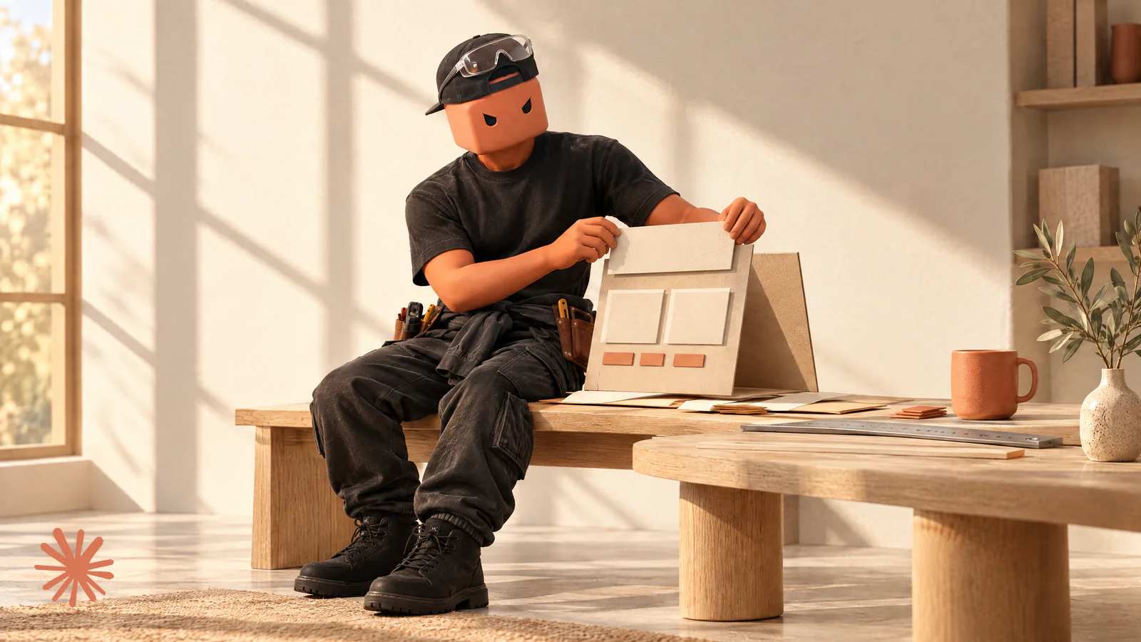O Claudinho, de boné virado e óculos de proteção no boné, monta com as próprias mãos a maquete de papel de um site numa bancada ao sol.