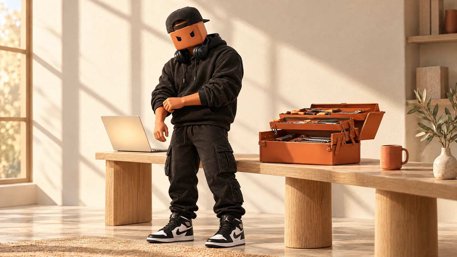 O Claudinho arregaça as mangas do moletom diante de uma caixa de ferramentas laranja, nova e aberta, ao lado do notebook aceso.