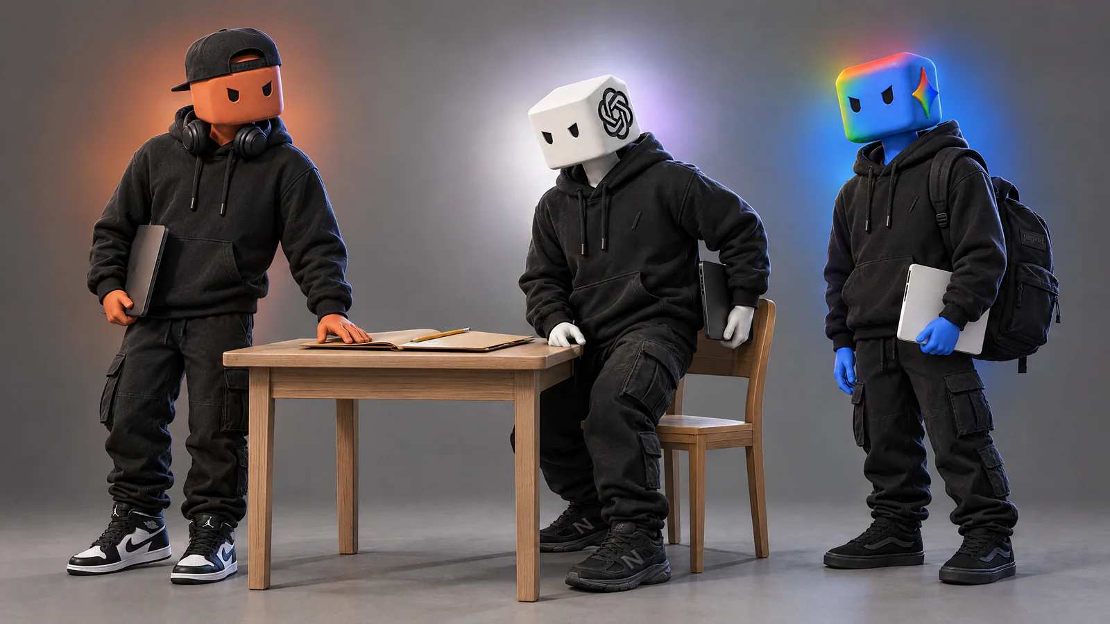Troca de turno numa mesa só: o Claudinho levanta da cadeira, o personagem do Codex senta pra continuar a pasta aberta e o do Antigravity espera.