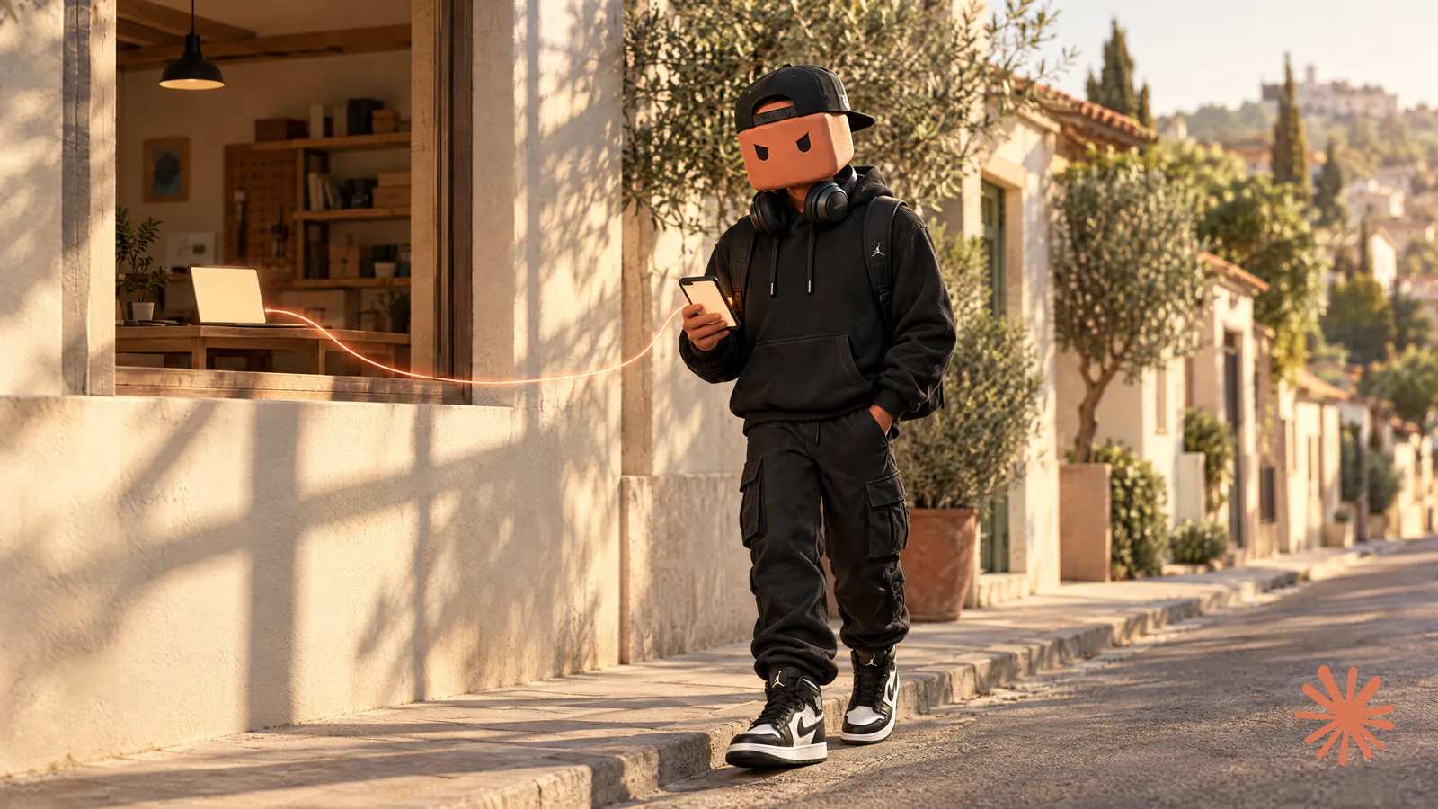O Claudinho desce uma rua ensolarada olhando o celular, e um fio de luz laranja liga o celular ao notebook aberto na oficina lá atrás.