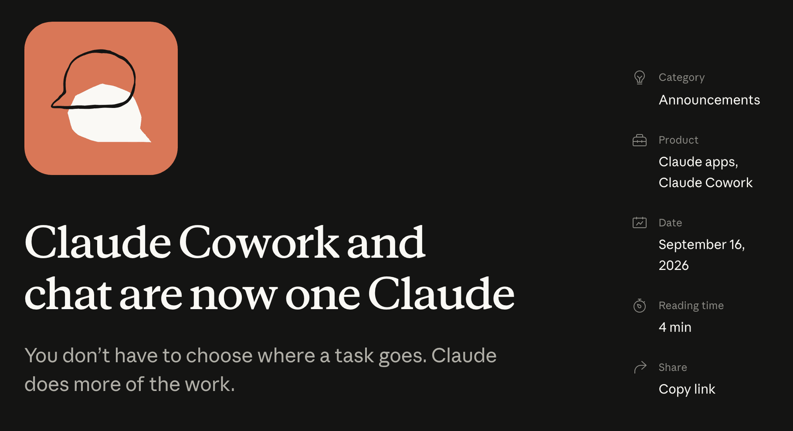 Topo do anúncio no blog do Claude, com o título Claude Cowork and chat are now one Claude e a data September 16, 2026