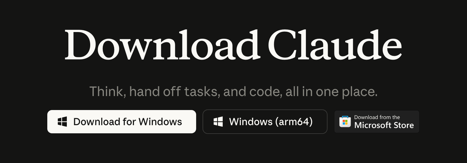 Topo da página de download do Claude aberta no Windows, com os botões Download for Windows, Windows (arm64) e Download from the Microsoft Store