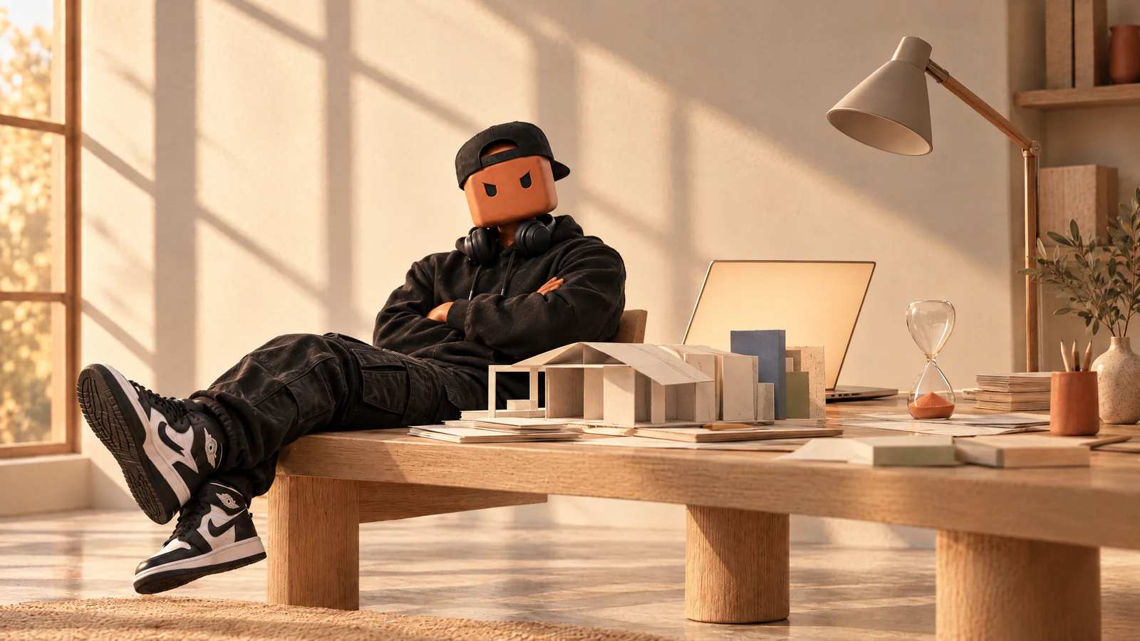 O Claudinho espera de braços cruzados e pés na mesa, com a ampulheta já vazia e uma maquete de papel montada pela metade.