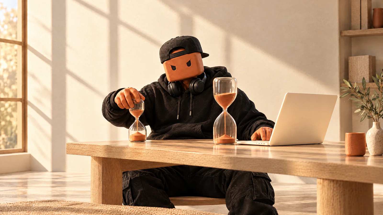 O Claudinho, de boné e fone, segura uma ampulheta pequena na mesa ao lado de uma grande, com a outra mão no notebook aberto.