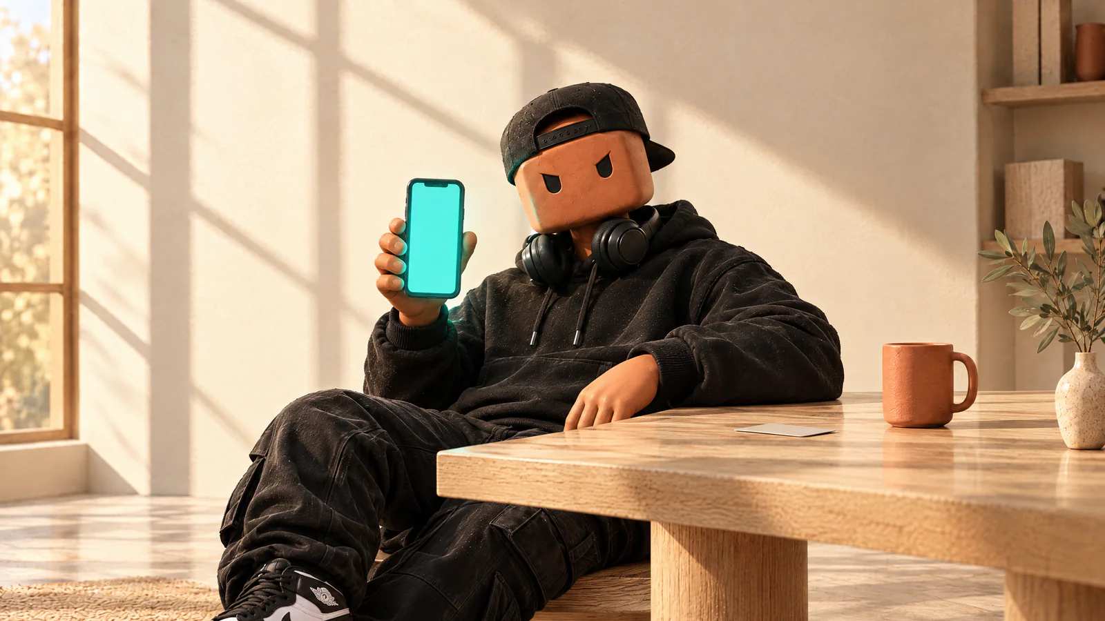 O Claudinho mostra o celular com a tela verde-água acesa, com um cartão deixado de lado na mesa.