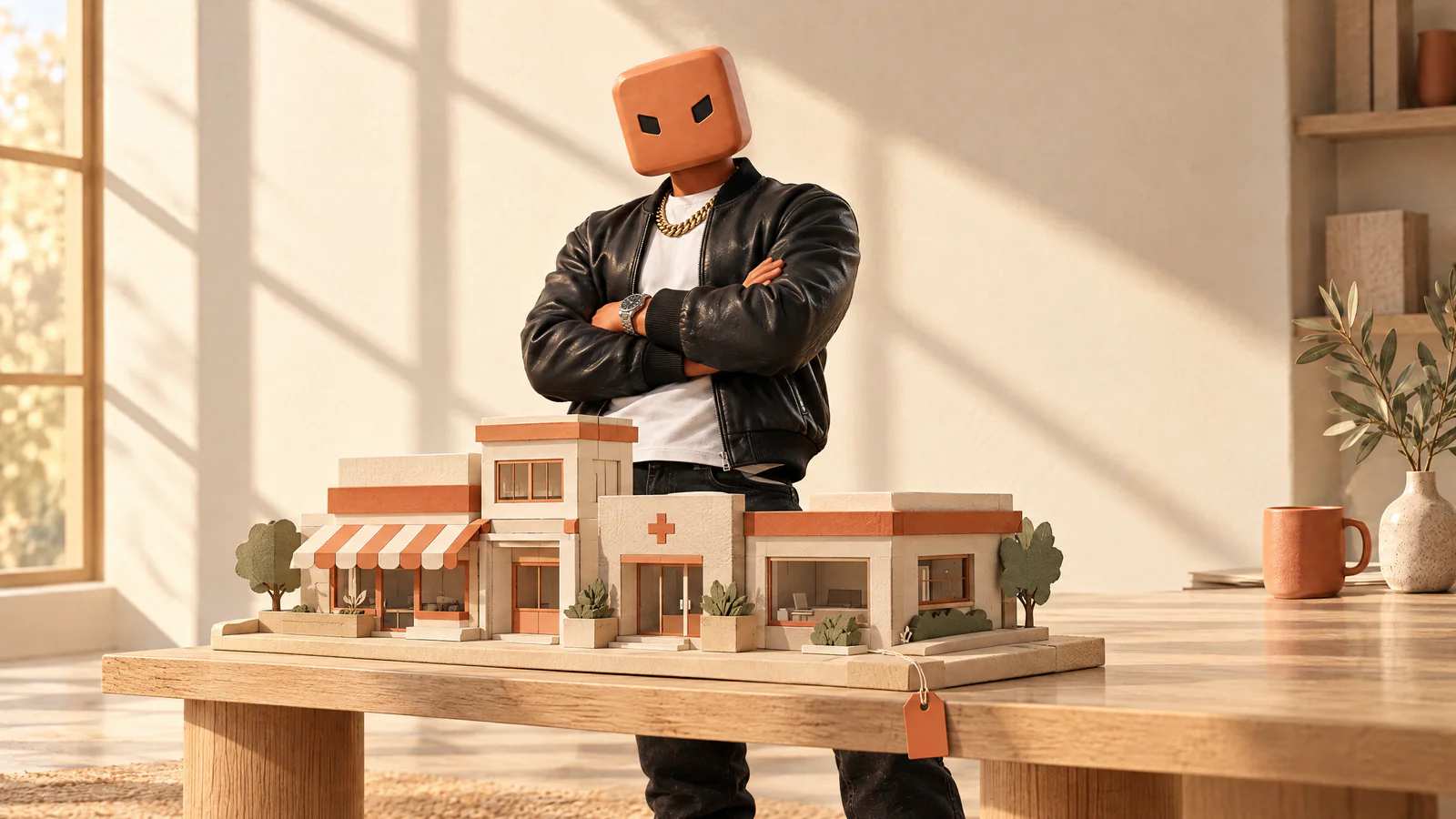 Uma etiqueta de preço minúscula pendurada numa grande maquete de papel de lojas, e o Claudinho de braços cruzados atrás.