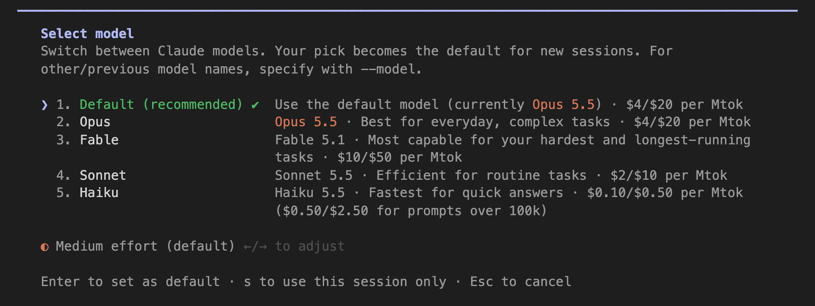 Seletor do /model no Claude Code com cinco opções: Default no Opus 5.5, Opus 5.5, Fable 5.1, Sonnet 5.5 e Haiku 5.5, cada uma com o preço por milhão de tokens