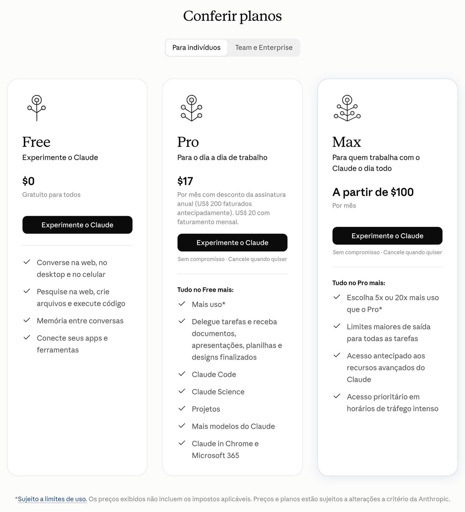 Os três planos do Claude em português, na página de entrada do claude.ai: Free a $0; Pro a $17 por mês no anual (US$ 200 de uma vez) ou US$ 20 no mensal, com o Claude Code na lista; e Max a partir de $100 por mês, com 5x ou 20x mais uso que o Pro. No rodapé, o aviso de que os preços não incluem impostos e podem mudar