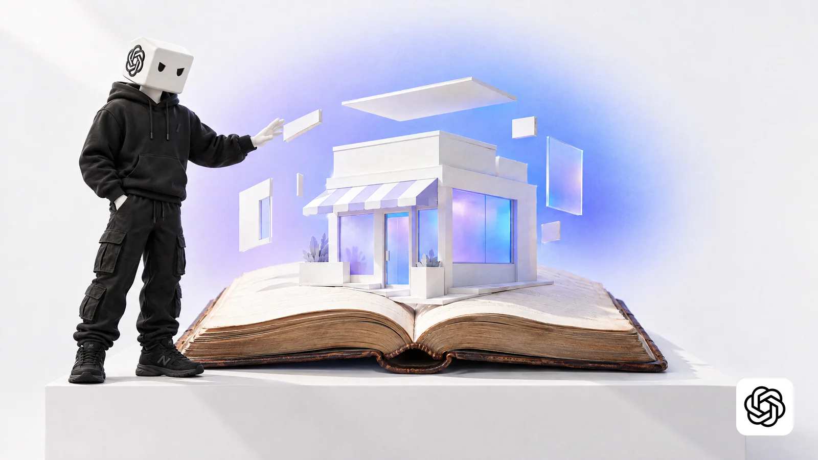 O personagem do Codex, de cabeça em cubo branco com a flor da OpenAI na lateral, guia uma lojinha que se monta saindo de um livro antigo.