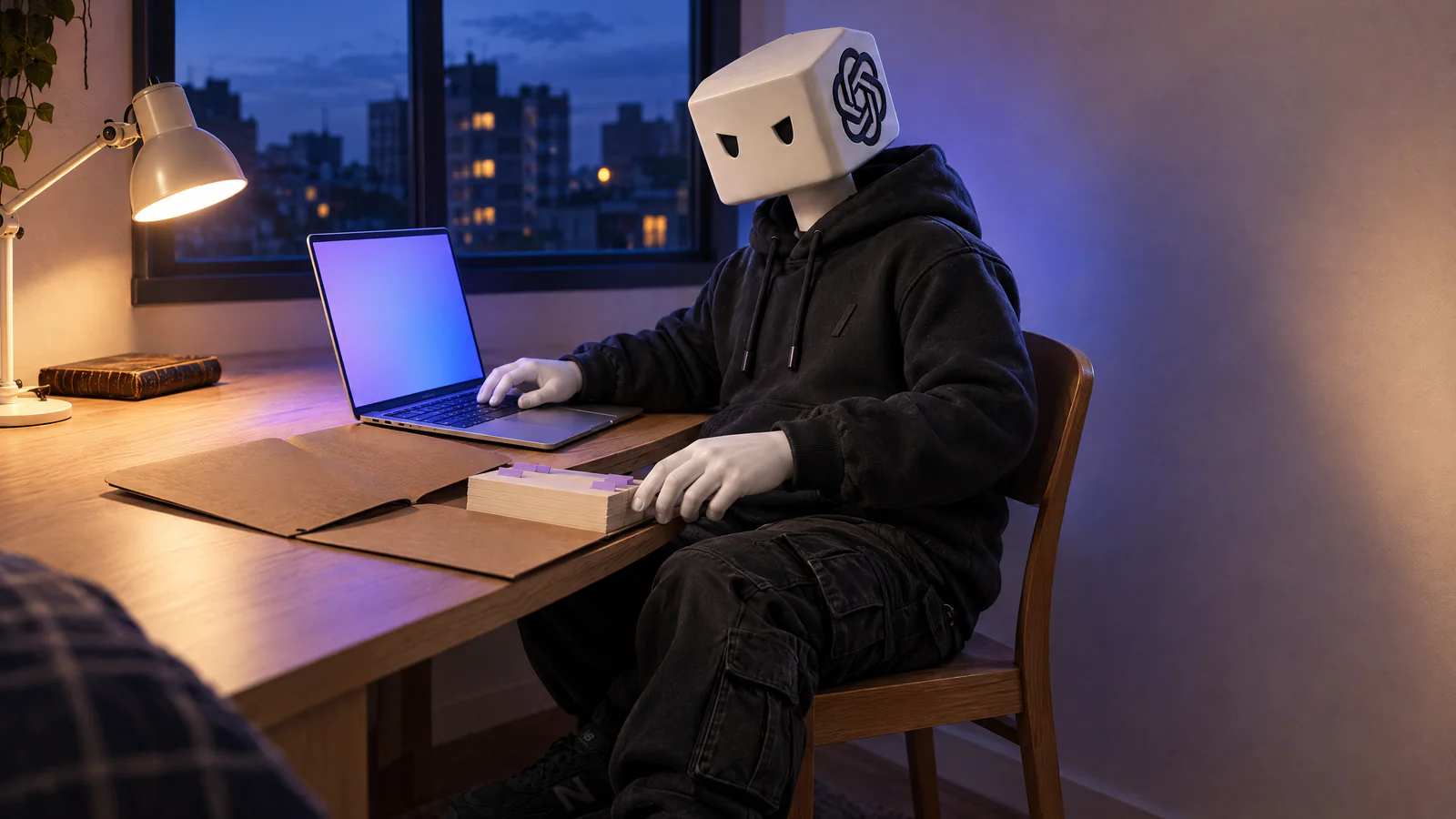No quarto, à noite, o Gepetinho põe as fichas das skills na pasta do projeto, ao lado do notebook aberto