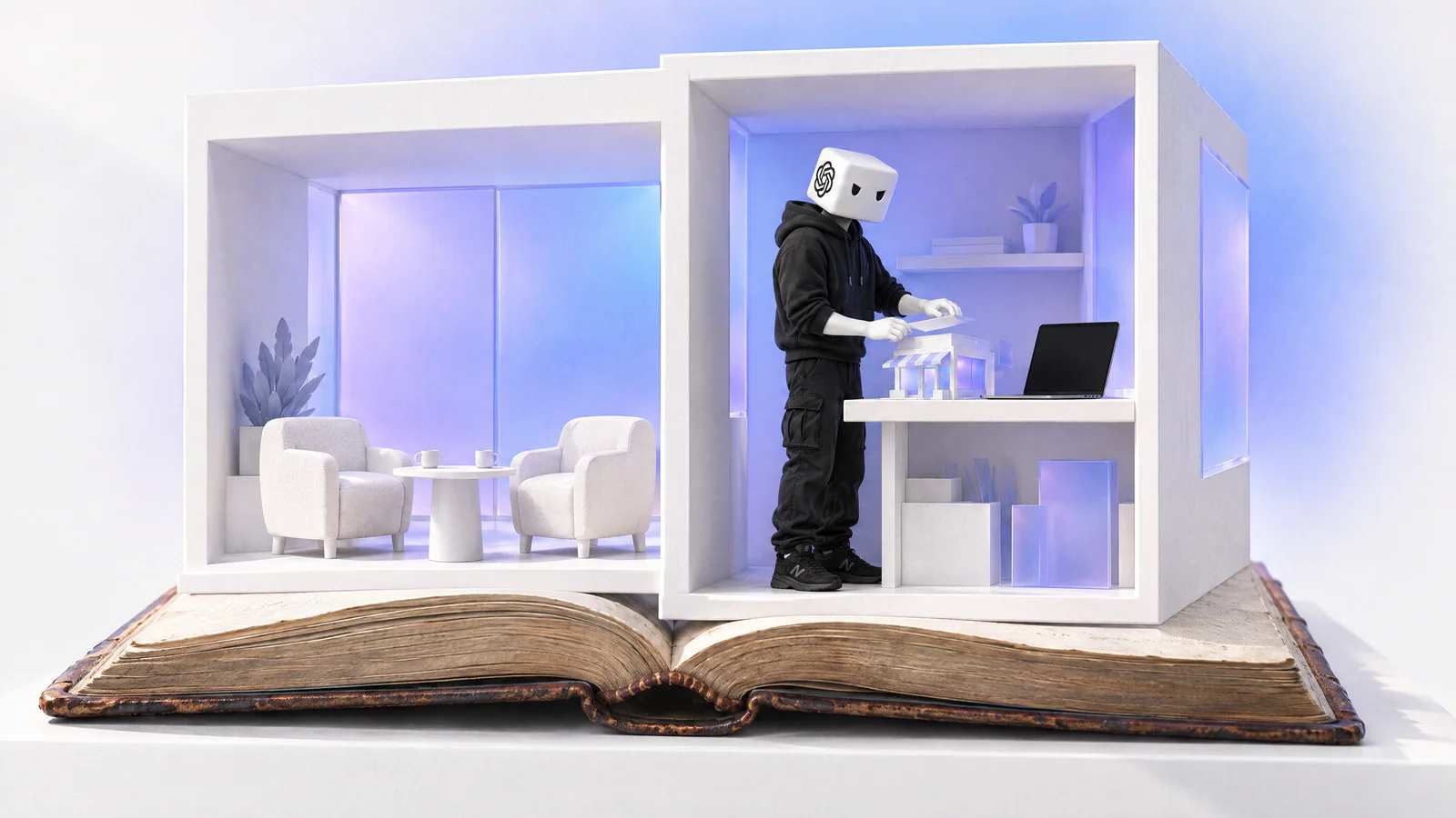 Uma casa branca aberta em dois cômodos: num, duas poltronas de conversa vazias; no outro, o personagem do Codex monta uma lojinha na bancada.