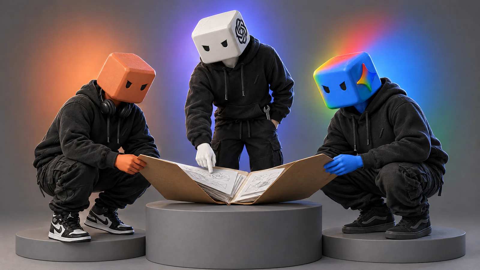 Os personagens do Claude Code, do Codex e do Antigravity em volta da mesma pasta de papel pardo, aberta numa mesa redonda.
