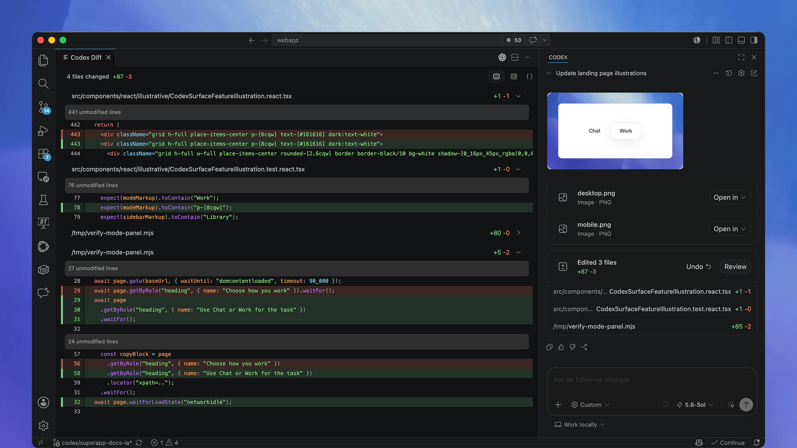 O VS Code com a extensão do Codex: no meio, as mudanças em quatro arquivos, com as linhas tiradas em vermelho e as novas em verde; na direita, o painel do Codex com a tarefa “Update landing page illustrations”, os três arquivos editados e a caixa pra pedir ajuste.