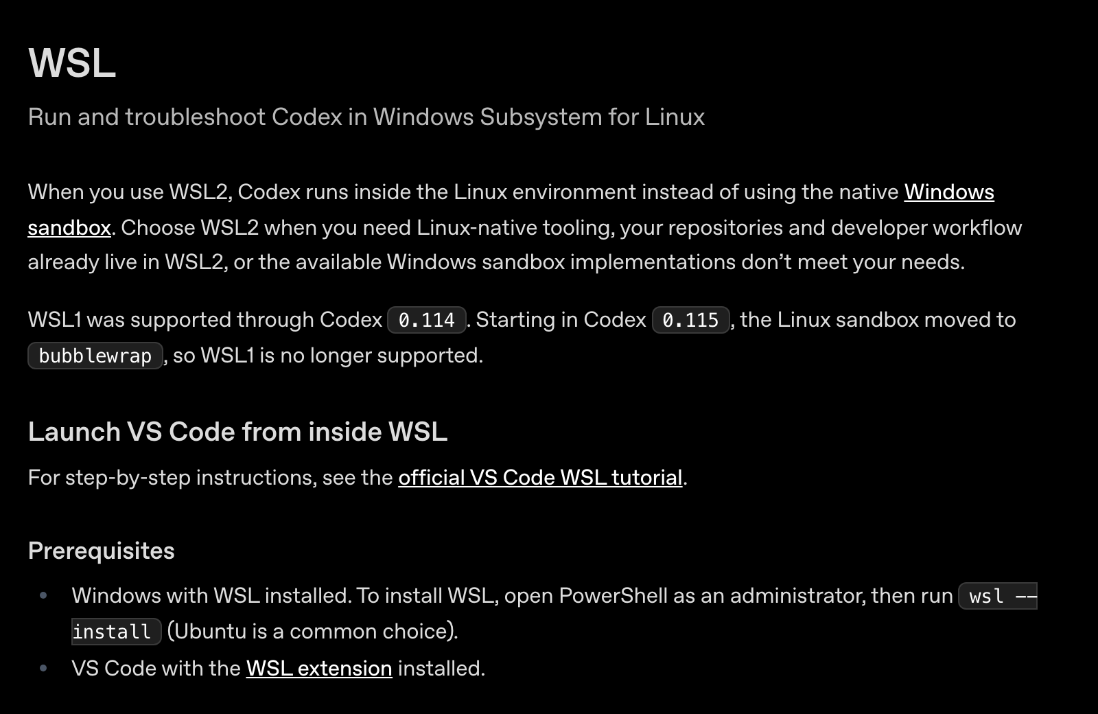 Página da documentação da OpenAI sobre rodar o Codex no WSL, com os pré-requisitos: o WSL instalado pelo comando wsl --install no PowerShell como administrador e a extensão WSL no VS Code