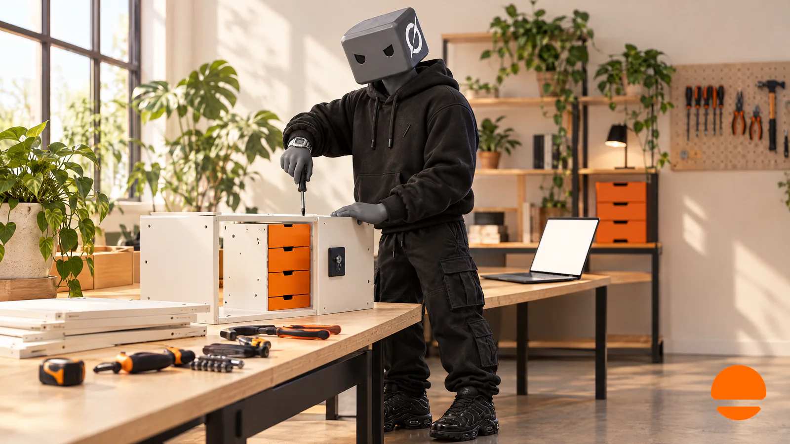 Um personagem de cabeça em cubo cinza monta um app como móvel de encaixar, com o gaveteiro laranja dos dados e o cadeado do login.