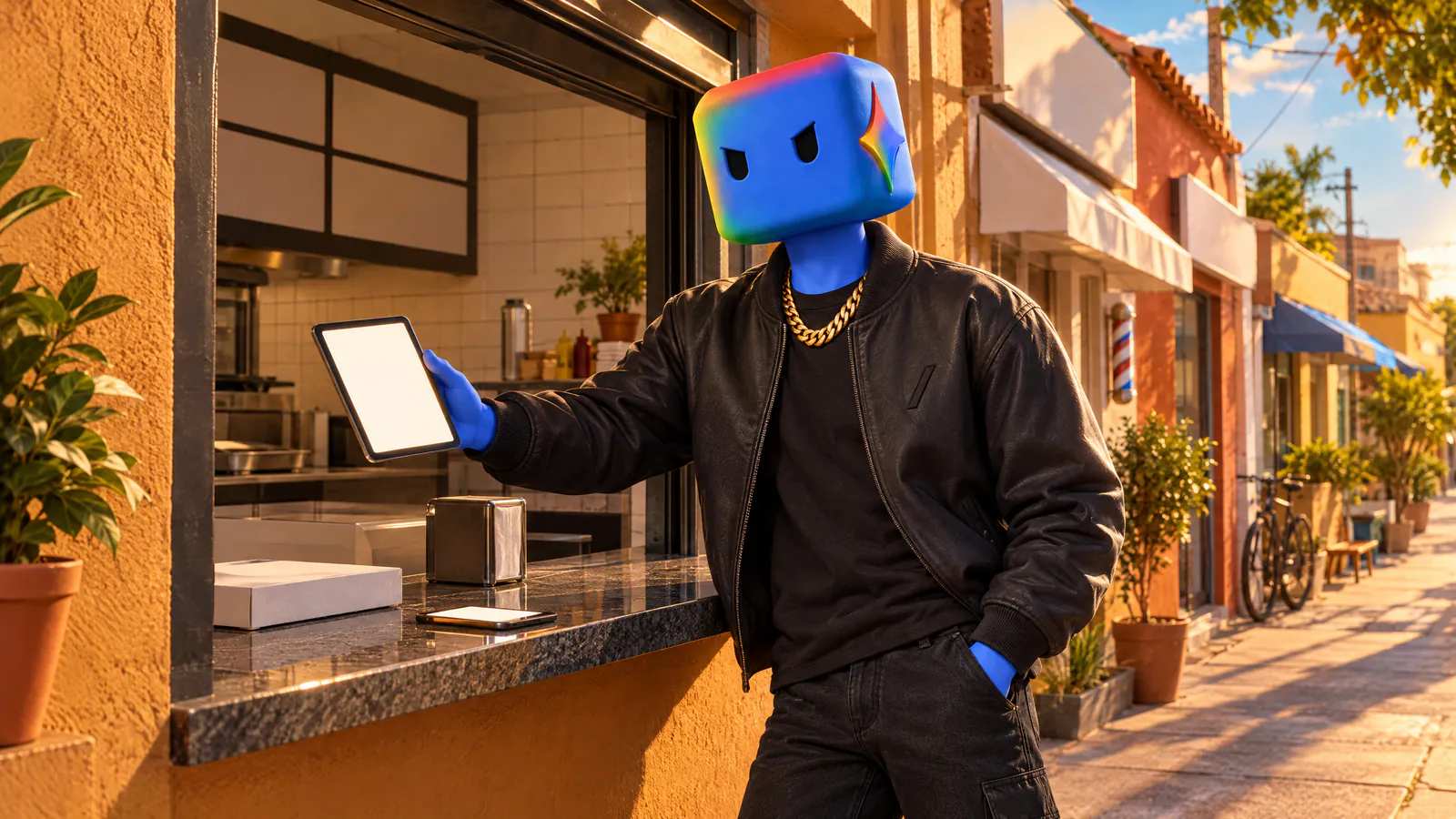 Um personagem de cabeça em cubo azul estende um tablet pela janela do balcão de uma lanchonete de esquina, com o celular do dono em cima.